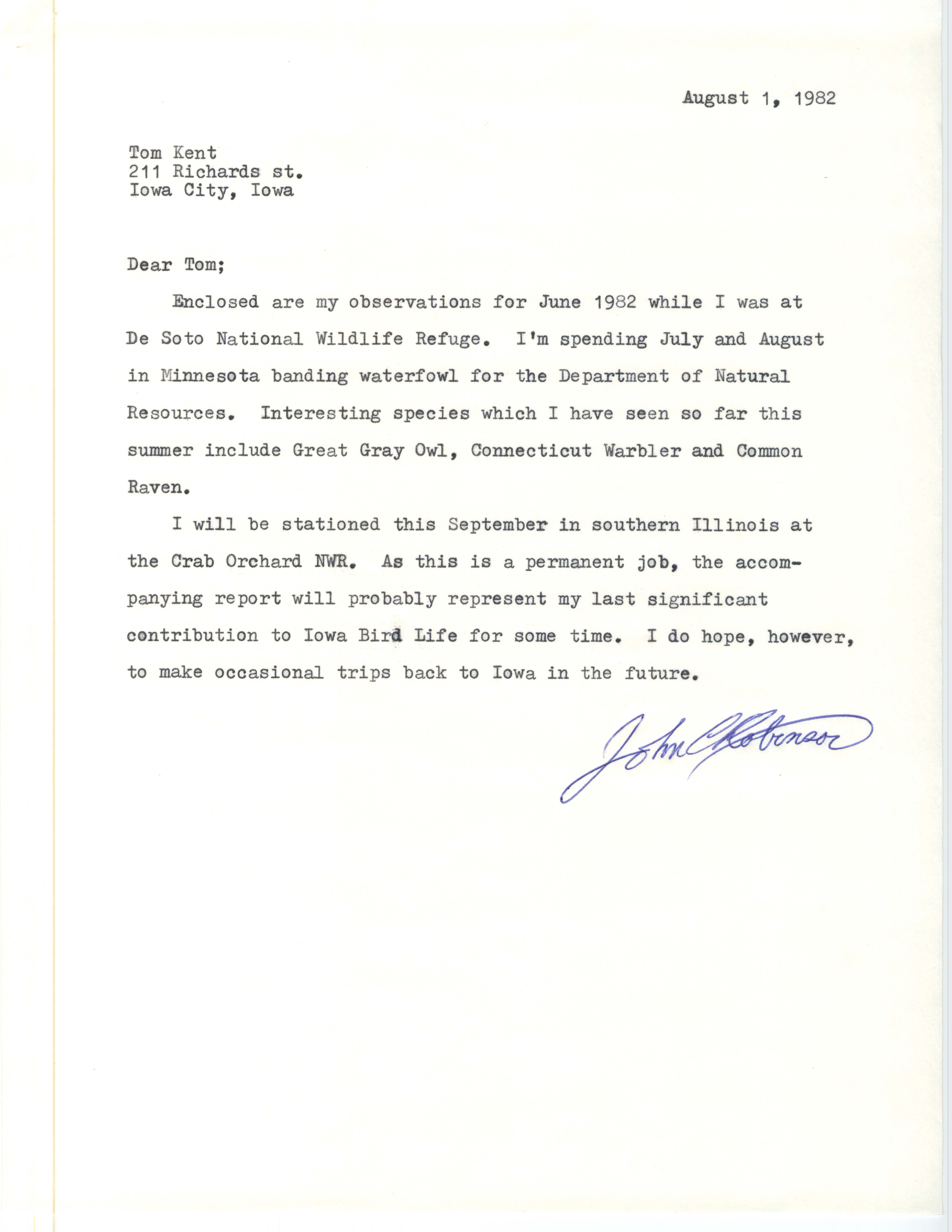 John C. Robinson letter to Thomas H. Kent regarding field report, August 1, 1982