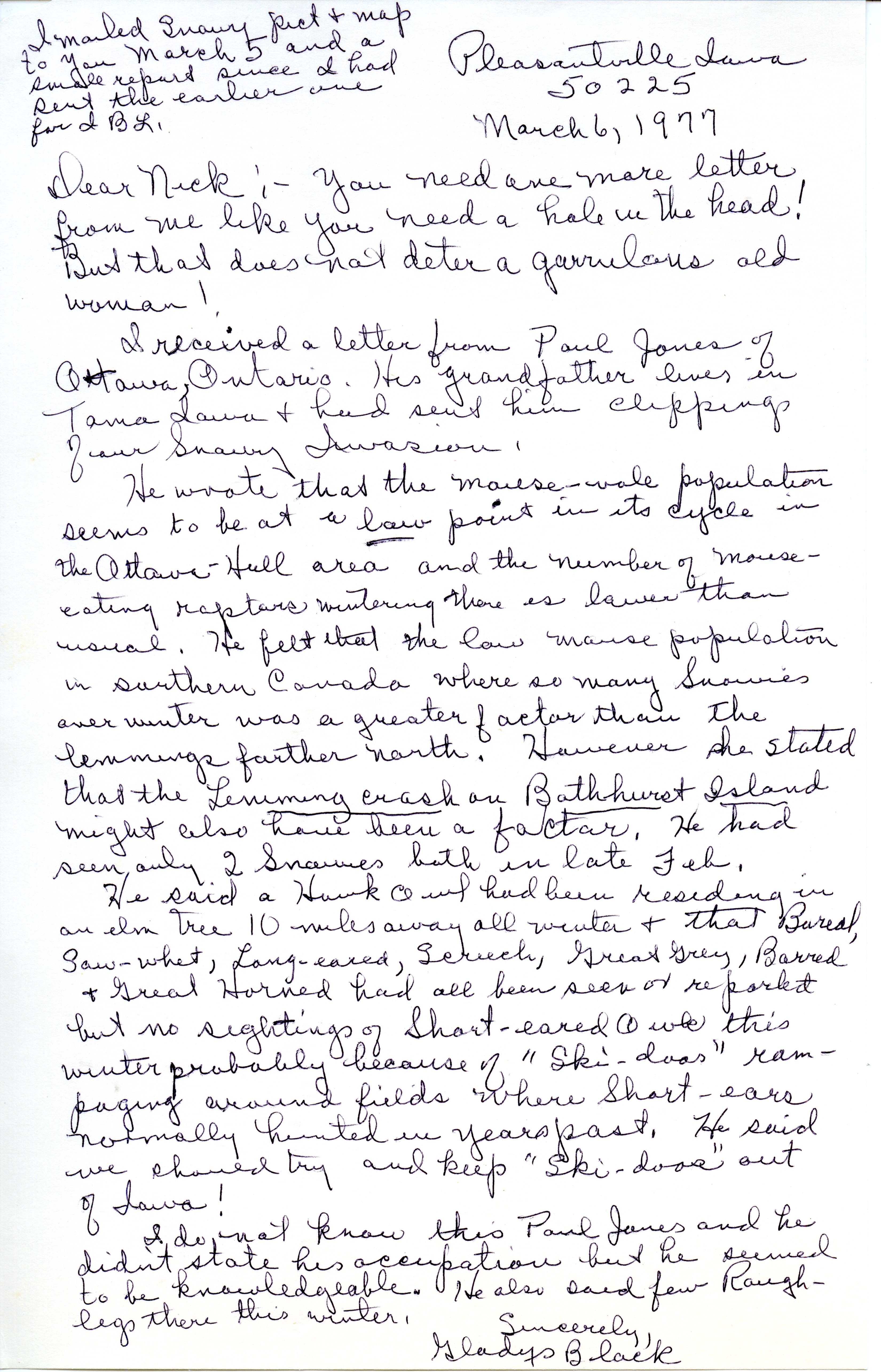 Gladys Black letter to Nicholas S. Halmi, regarding bird sightings, March 6, 1977 
