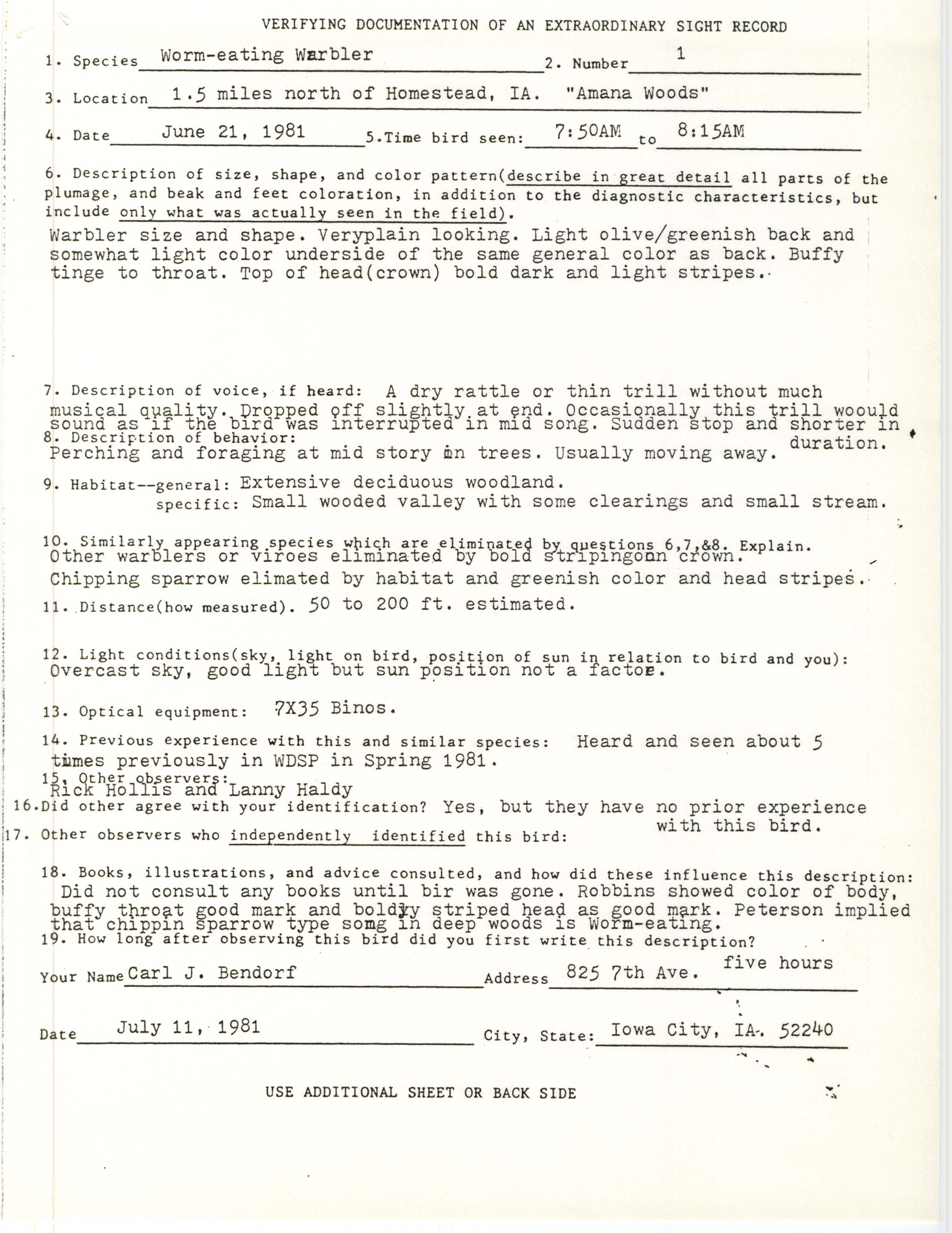 Rare bird documentation form for Worm-eating Warbler at Amana Woods, 1981