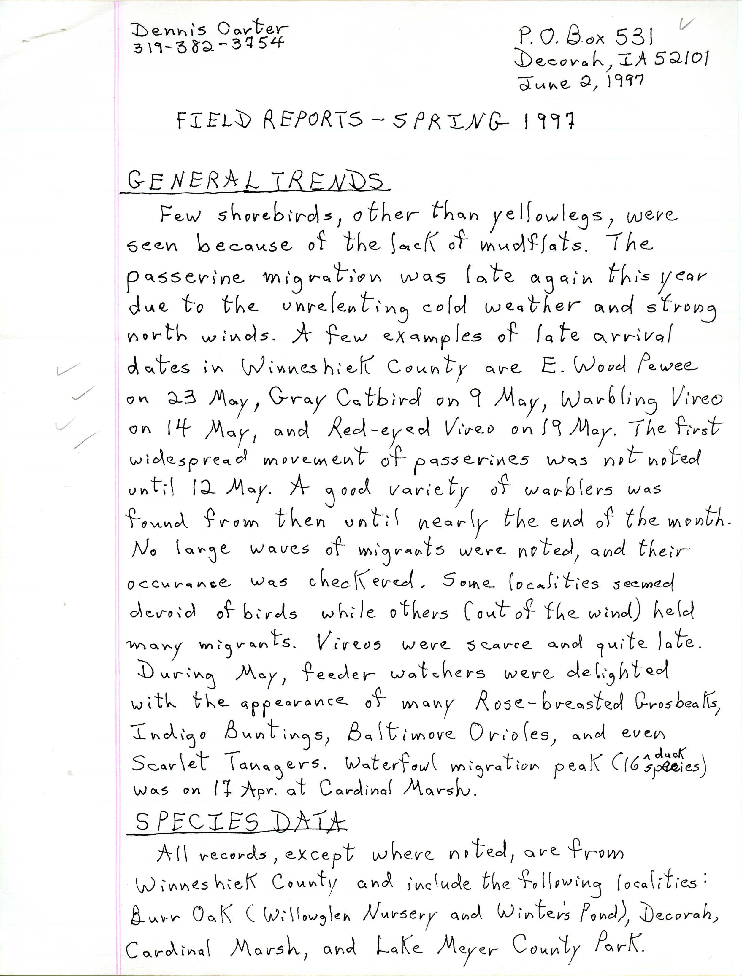 Field notes contributed by Dennis L. Carter, June 2, 1997