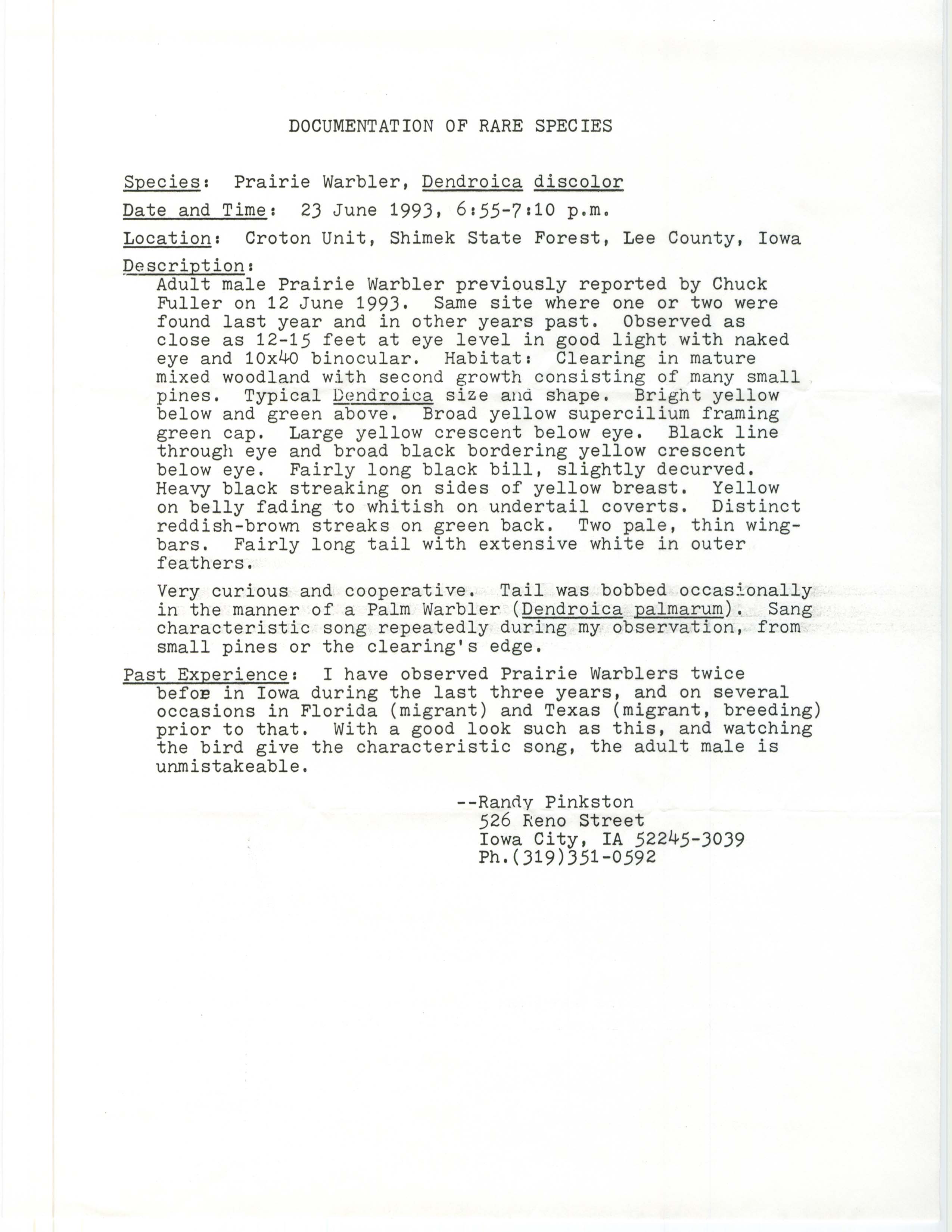 Rare bird documentation form for Prairie Warbler at the Croton Unit in Shimek State Forest, 1993