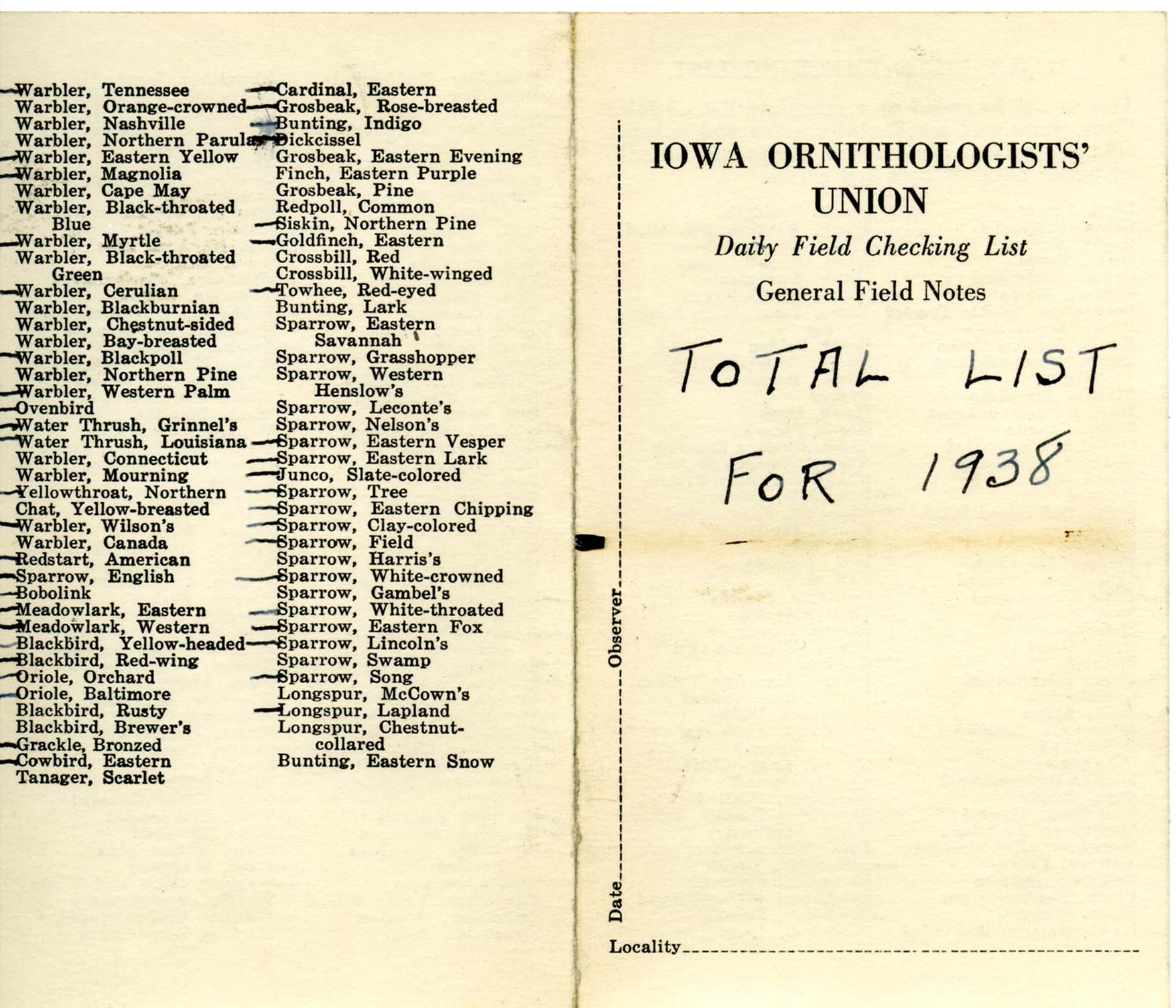 Daily field checking list by Walter Rosene, 1938