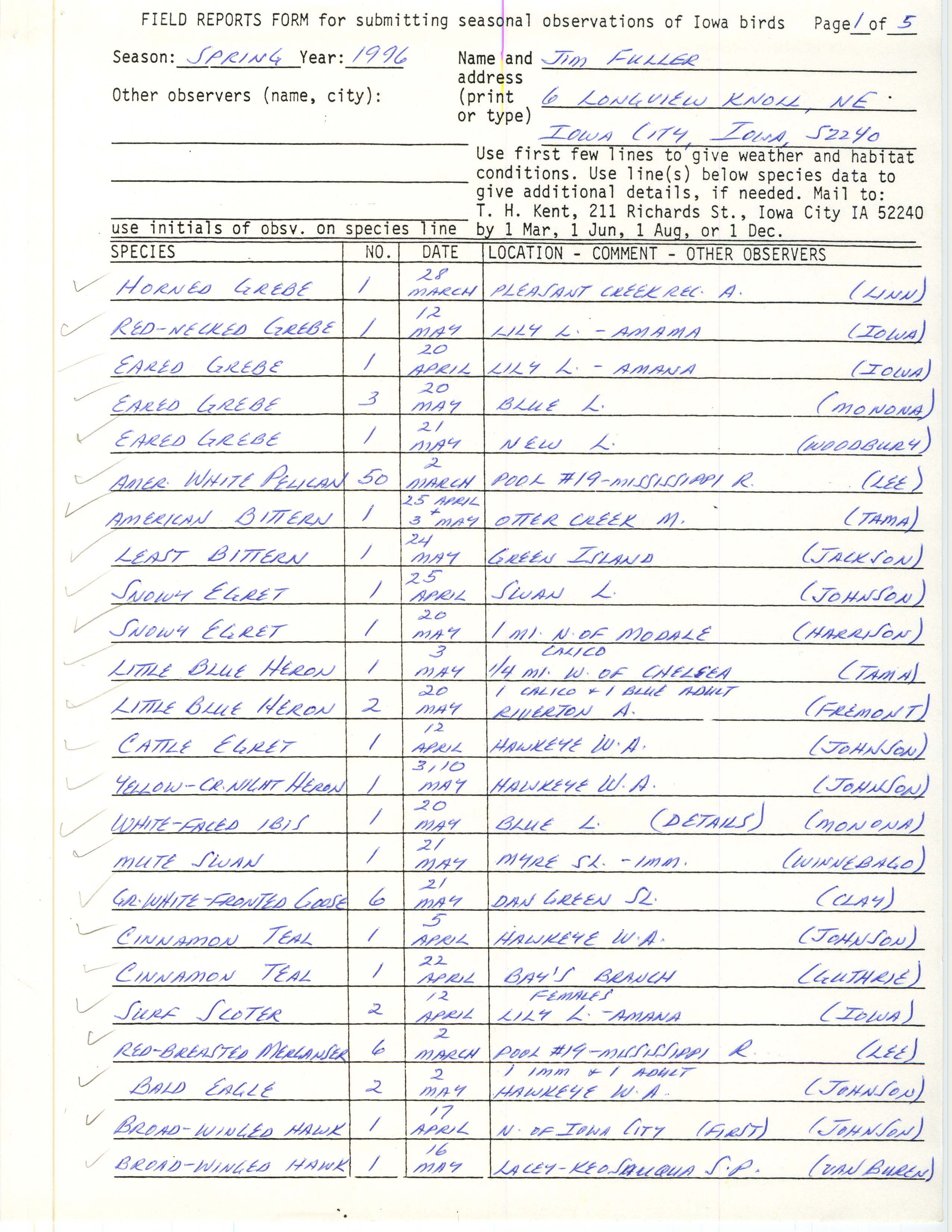 Field reports form for submitting seasonal observations of Iowa birds, James L. Fuller, spring 1996