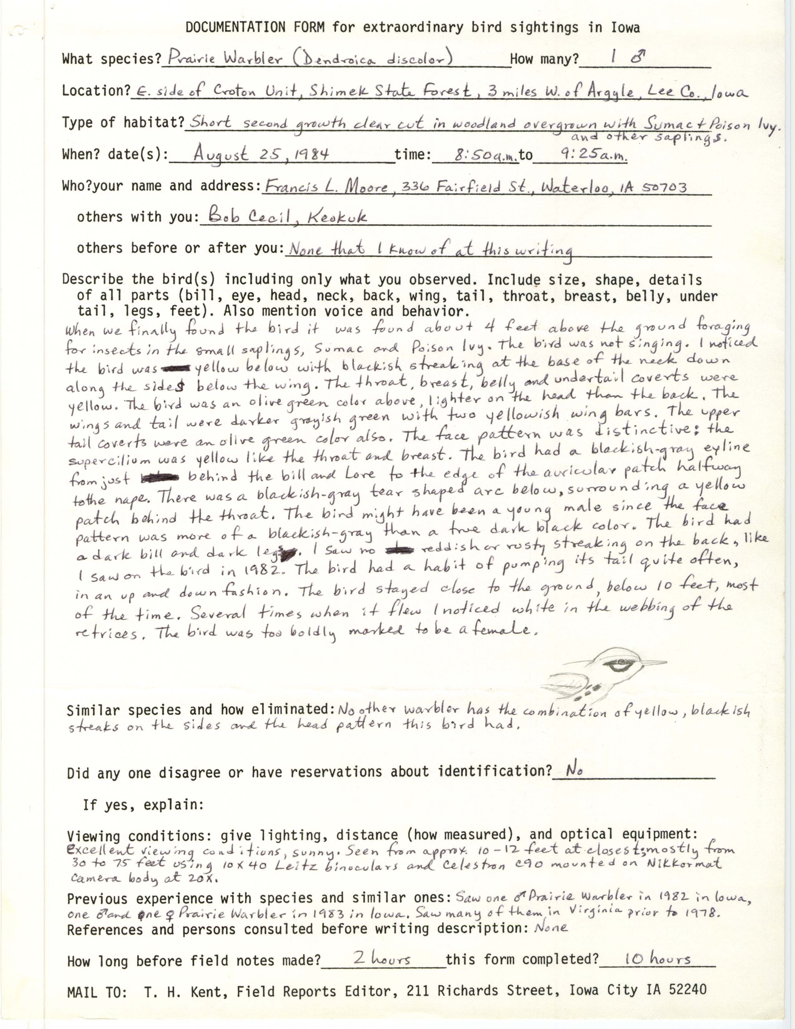 Rare bird documentation form for Prairie Warbler at the Croton Unit in Shimek State Forest, 1984