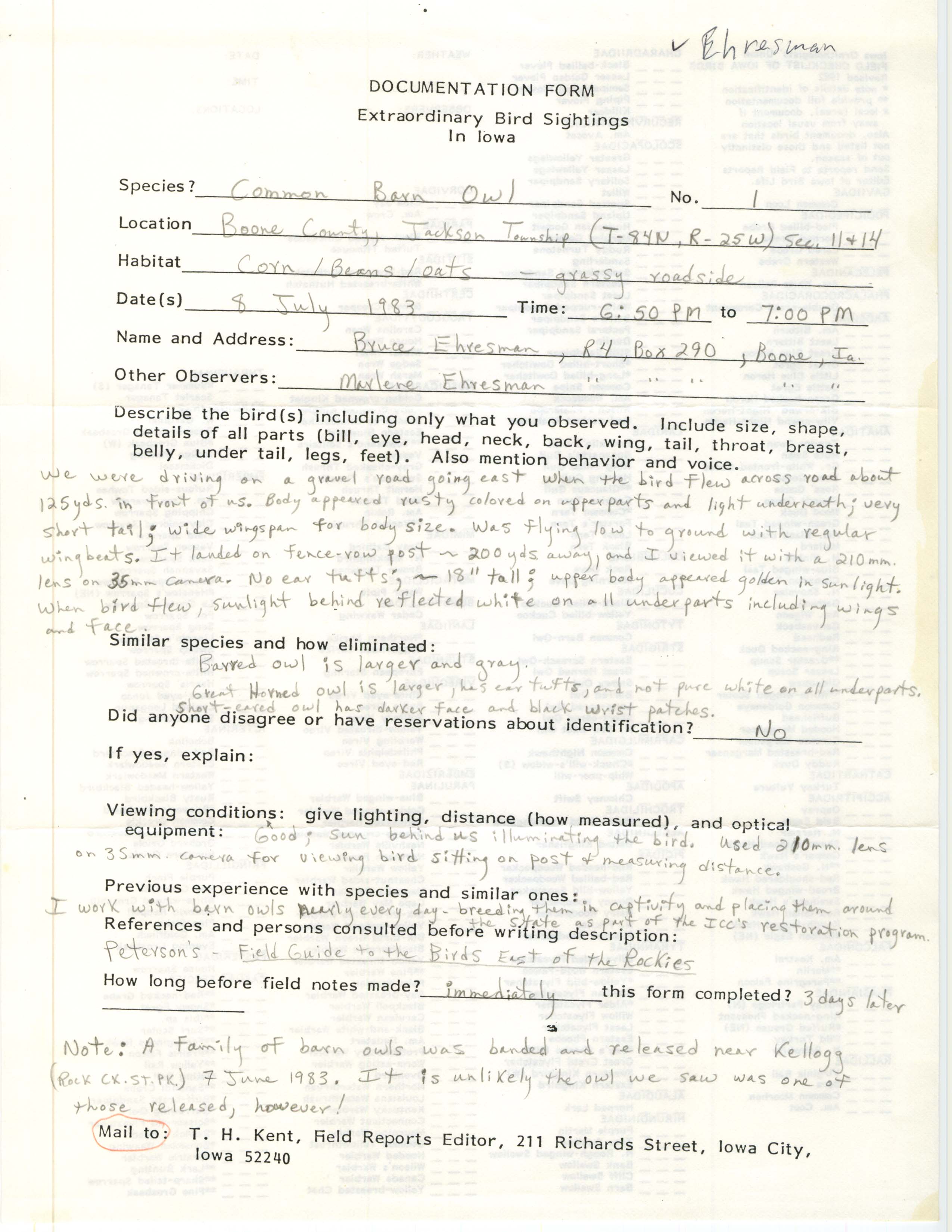 Rare bird documentation form for Common Barn Owl at Jackson Township in Boone County, 1983