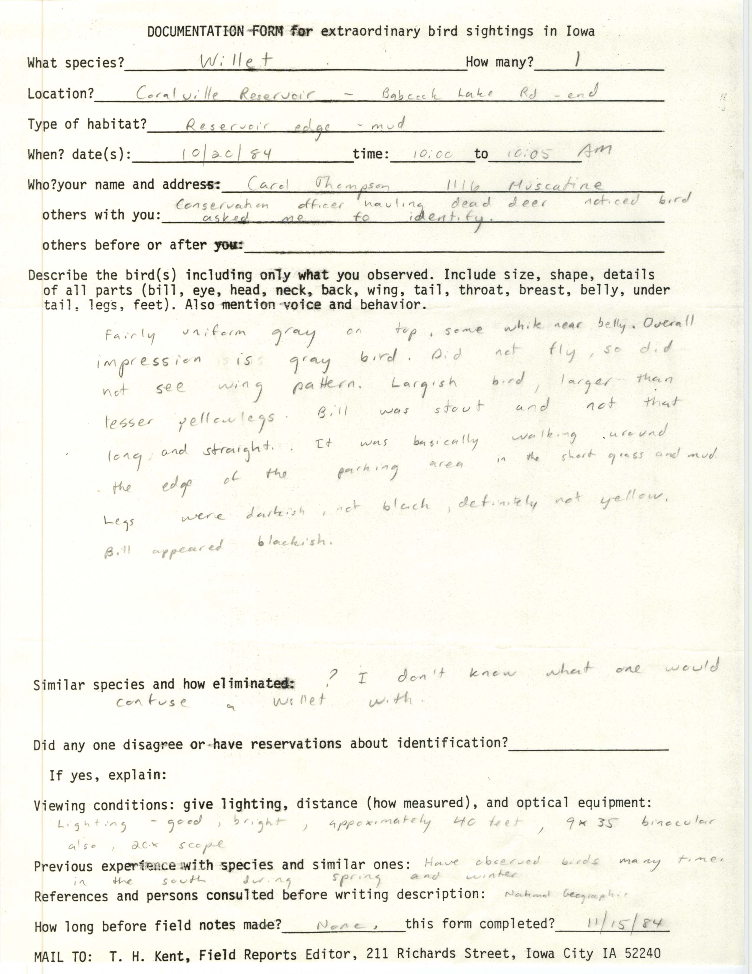 Rare bird documentation form for Willet at Coralville Reservoir, 1984