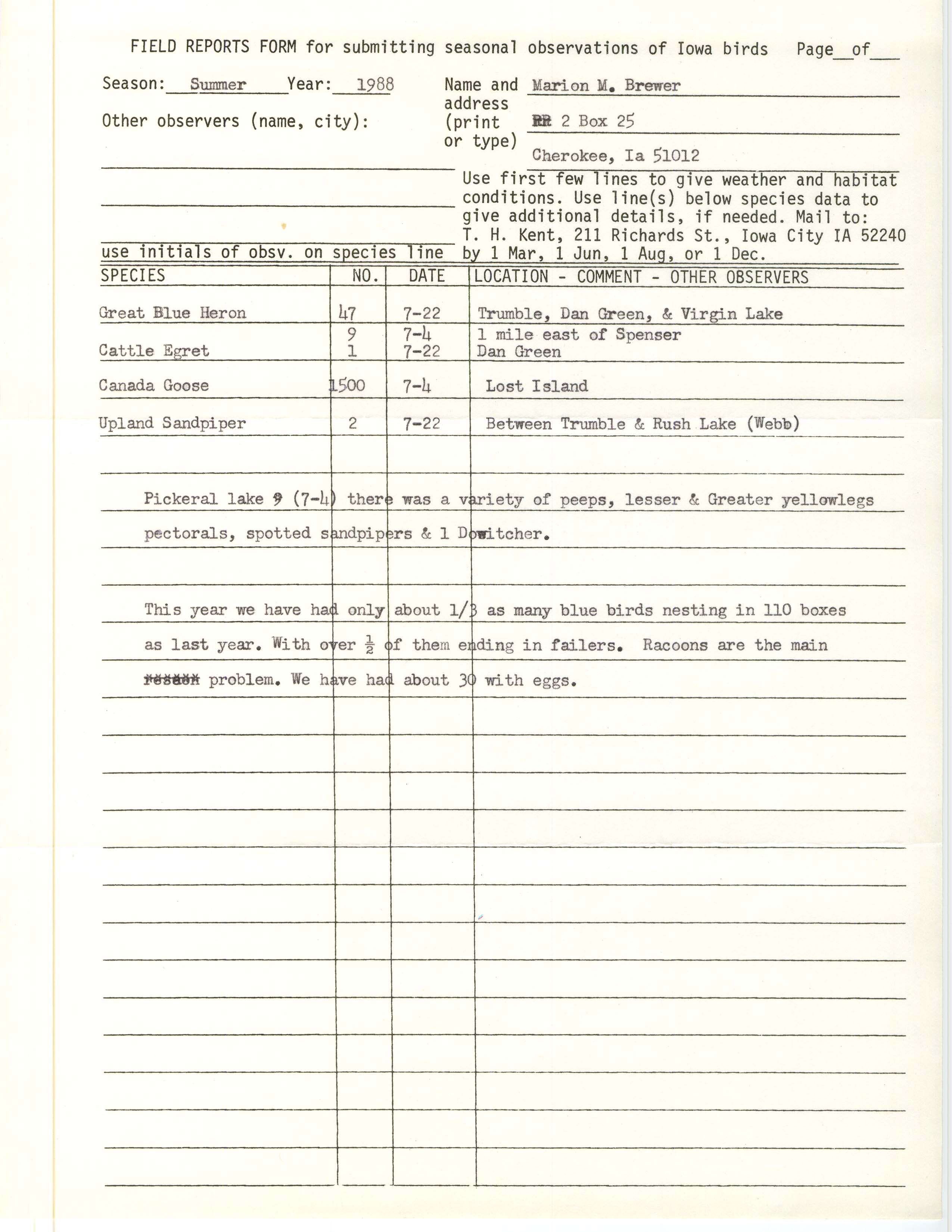 Field reports form for submitting seasonal observations of Iowa birds, Marion M. Brewer, summer 1988