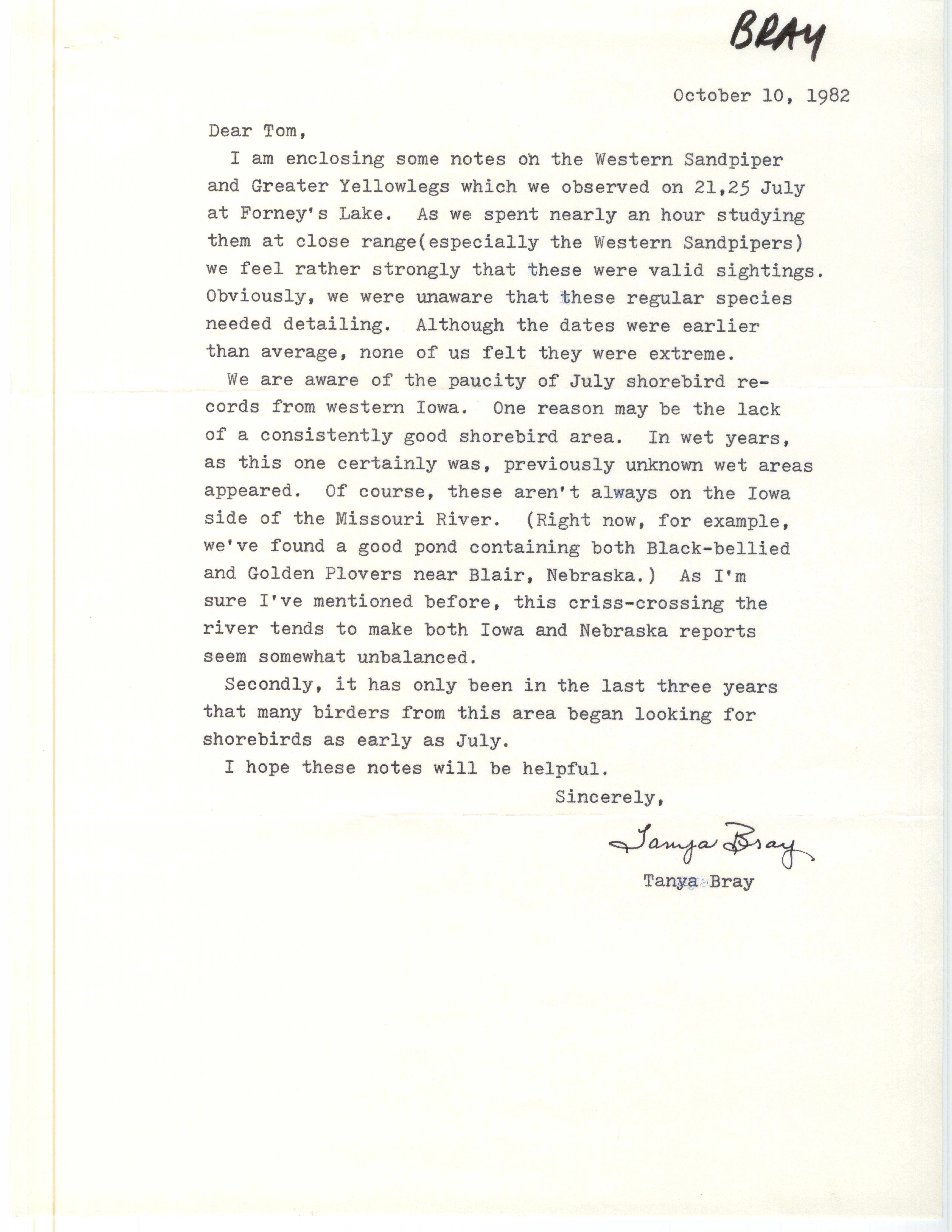 Tanya Bray letter to Thomas H. Kent regarding bird sightings, October 10, 1982