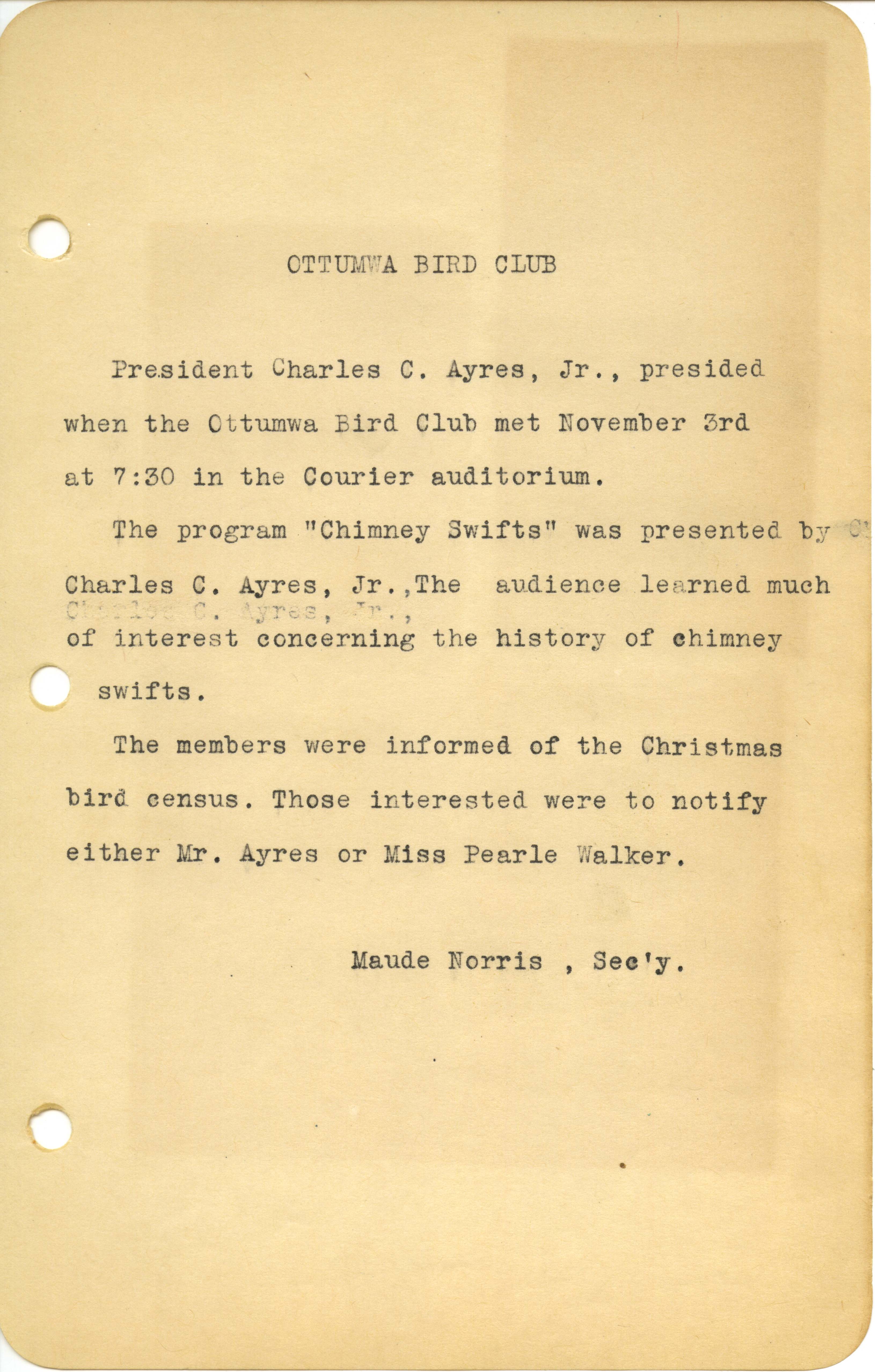  Ottumwa Bird Club meeting minutes, November 3, 1944
