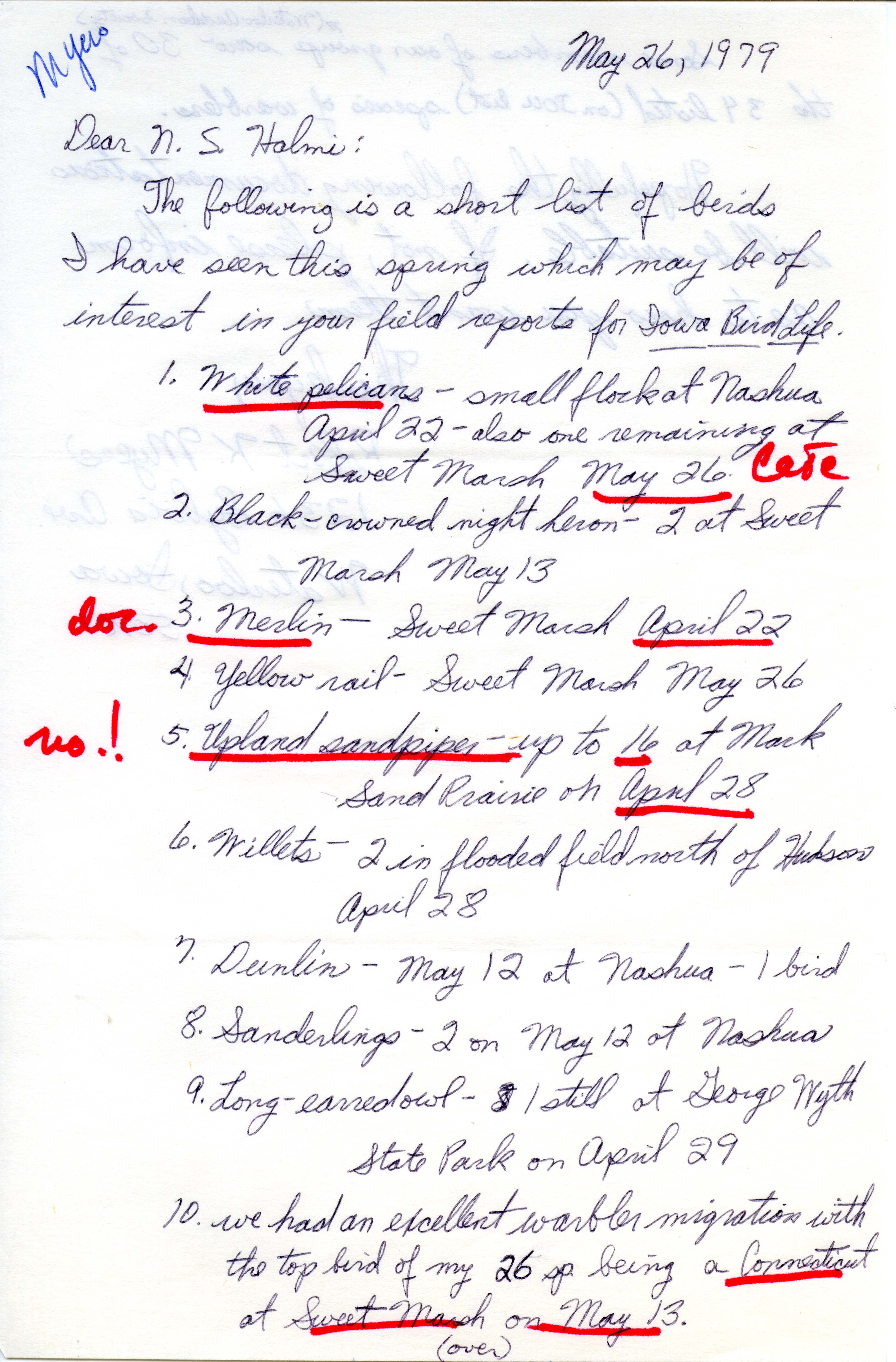 Robert K. Myers letter to Nicholas S. Halmi regarding spring bird sightings, May 26, 1979