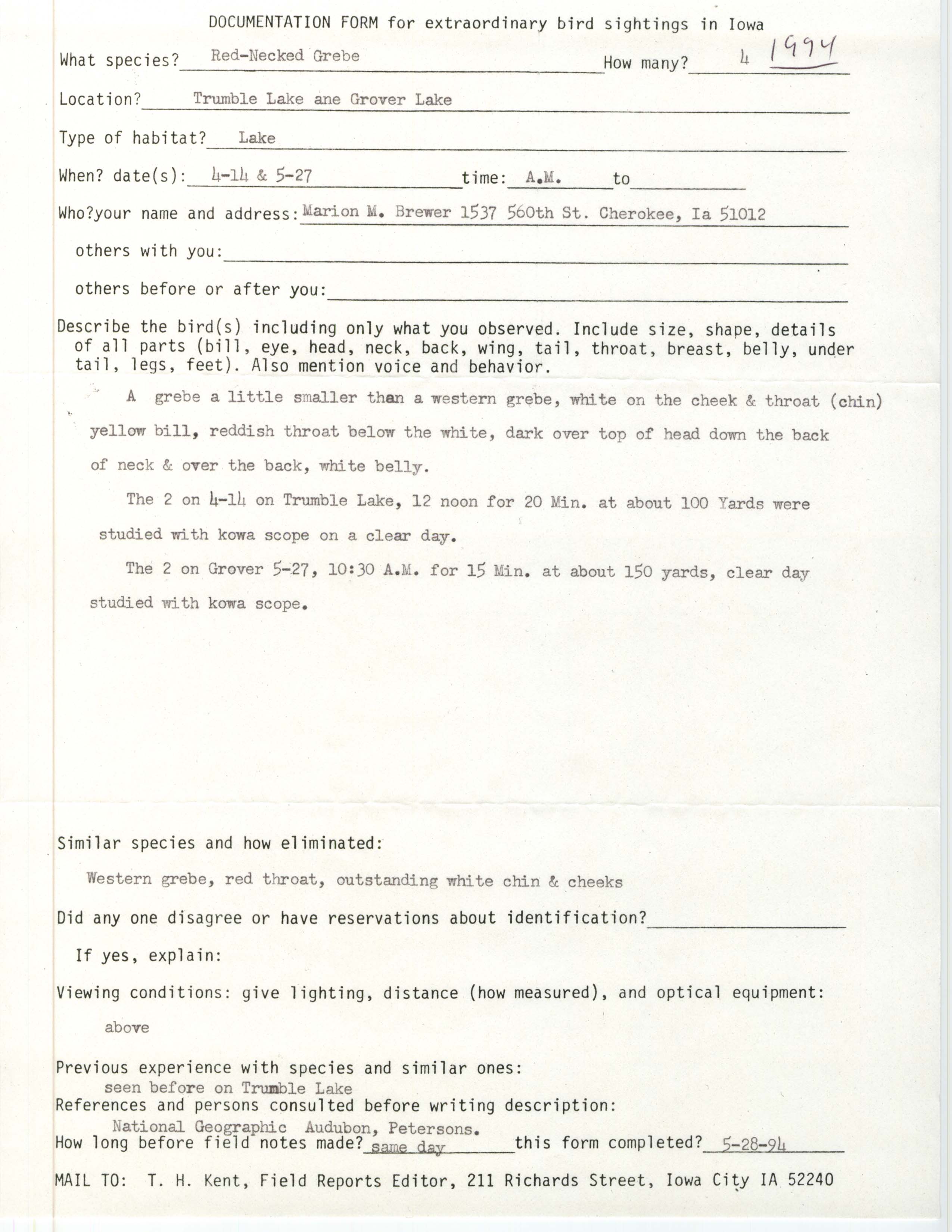 Documentation form for extraordinary bird sightings in Iowa, May 28, 1994
