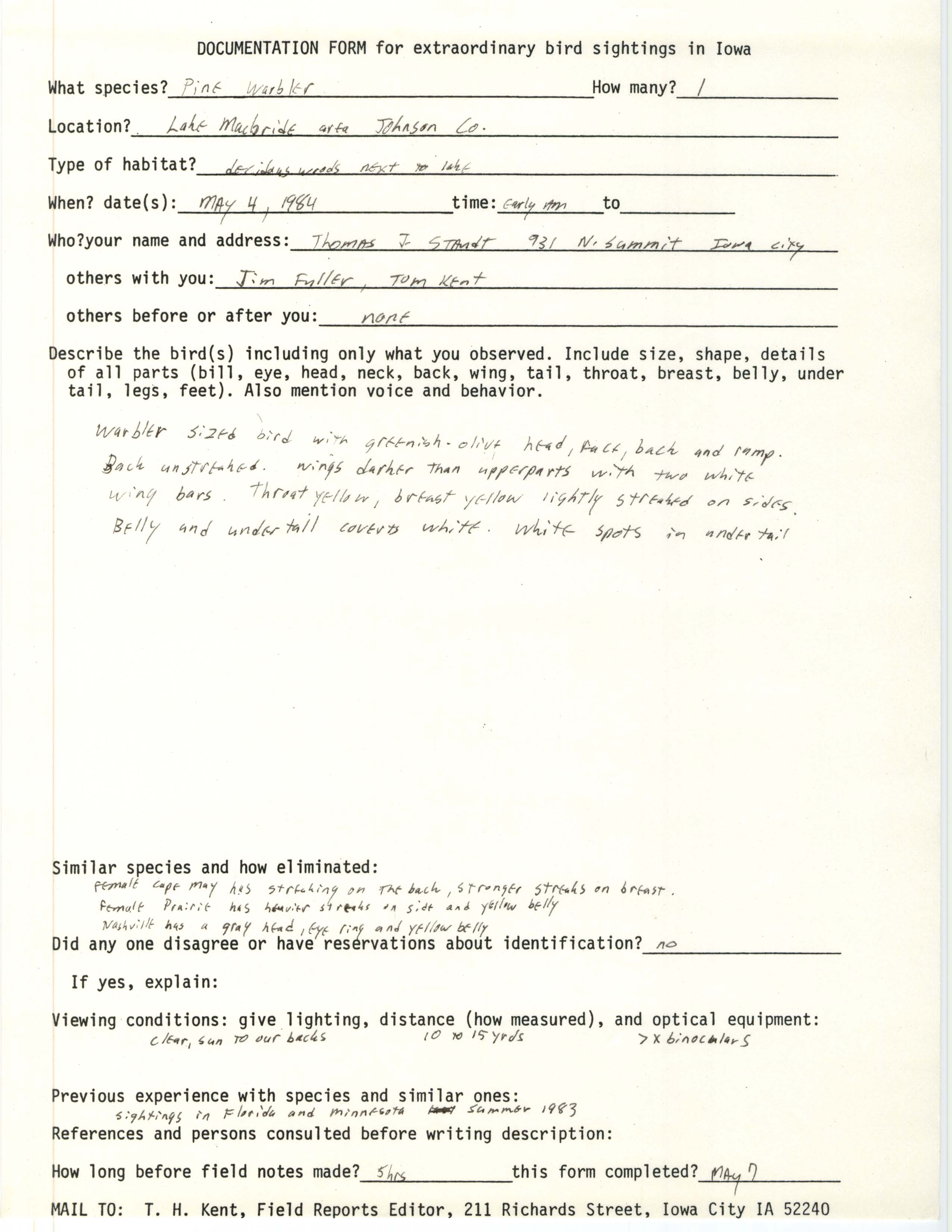 Rare bird documentation form for Pine Warbler at Lake MacBride State Park, 1984