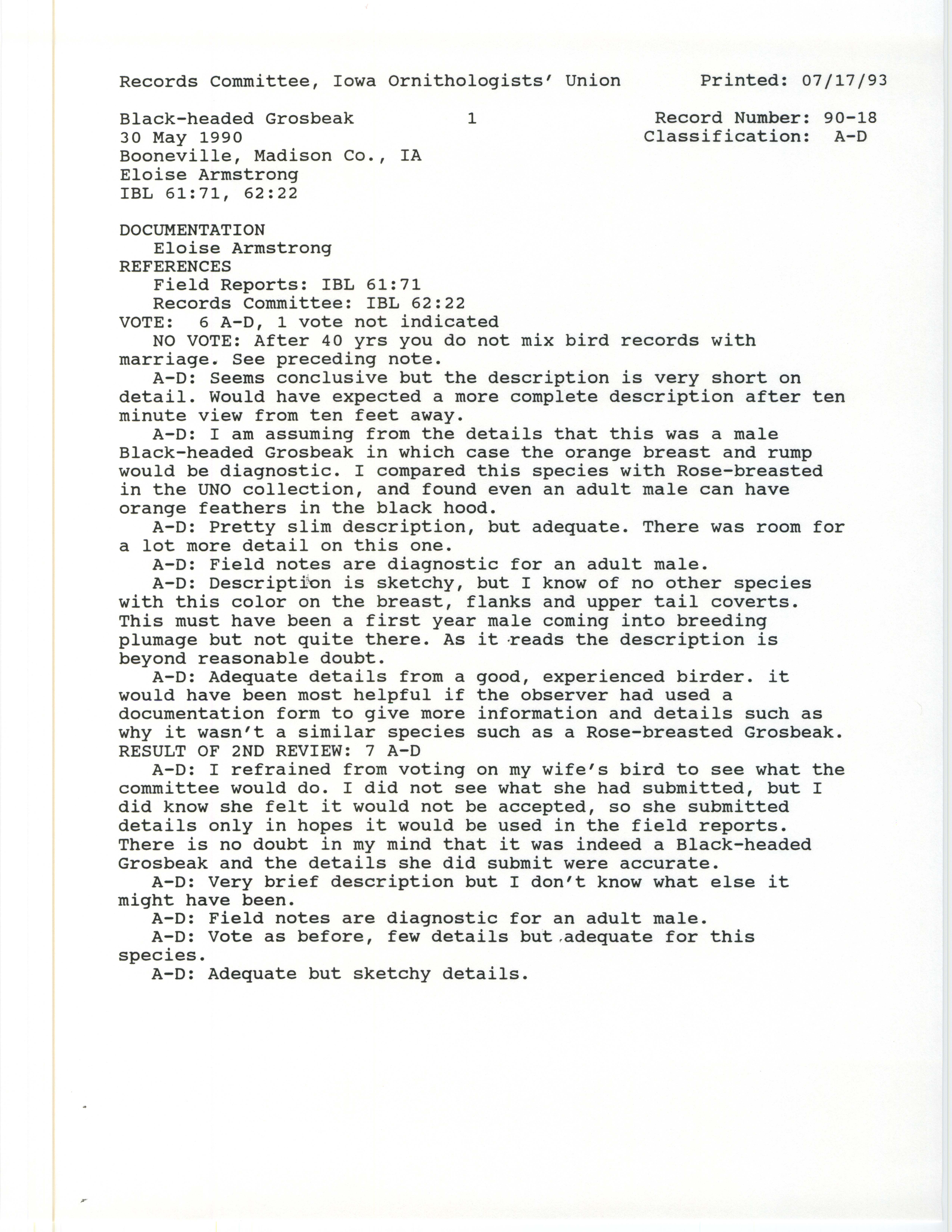 Records Committee review for rare bird sighting for Black-headed Grosbeak at Booneville in 1990