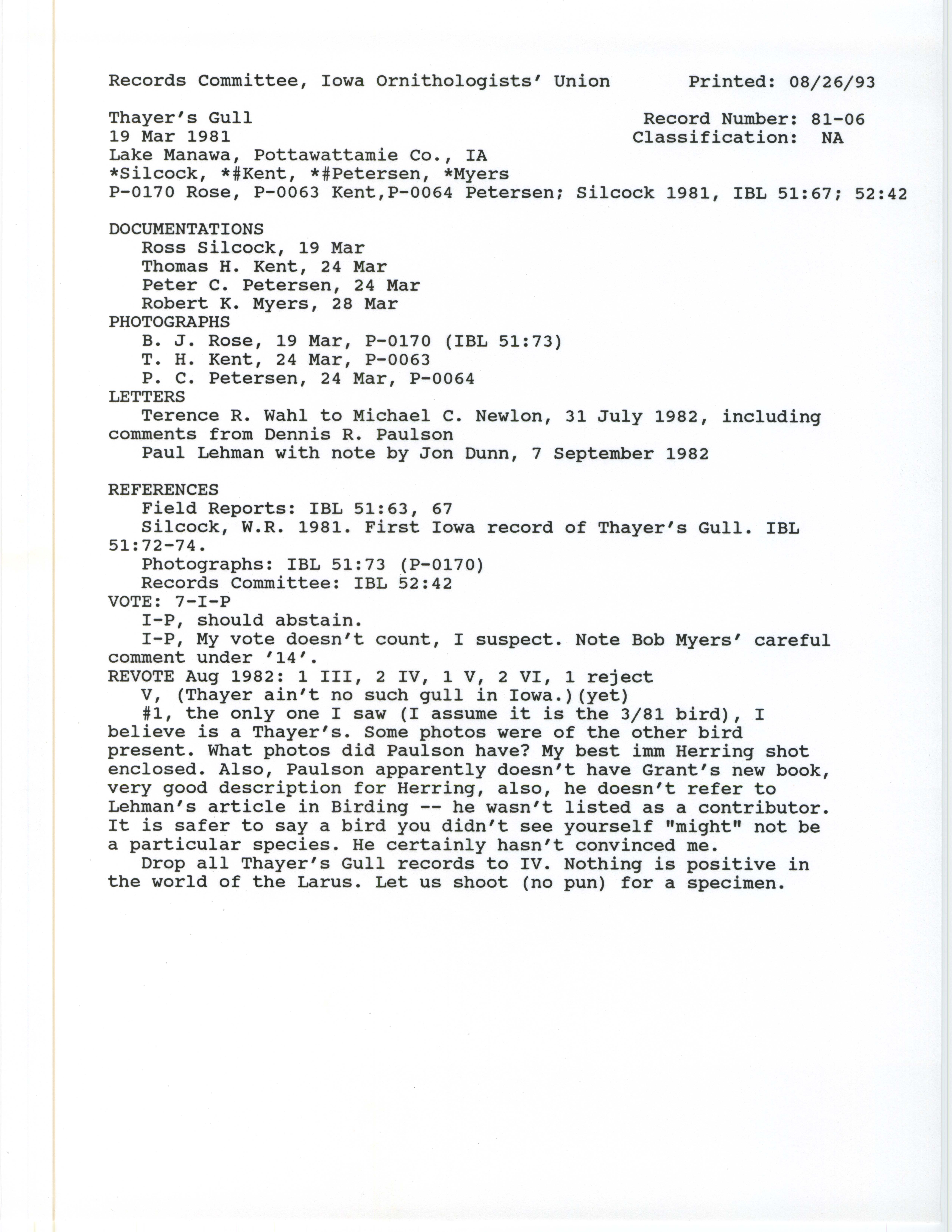 Records Committee review for rare bird sighting of Thayer's Gull at Lake Manawa, 1981