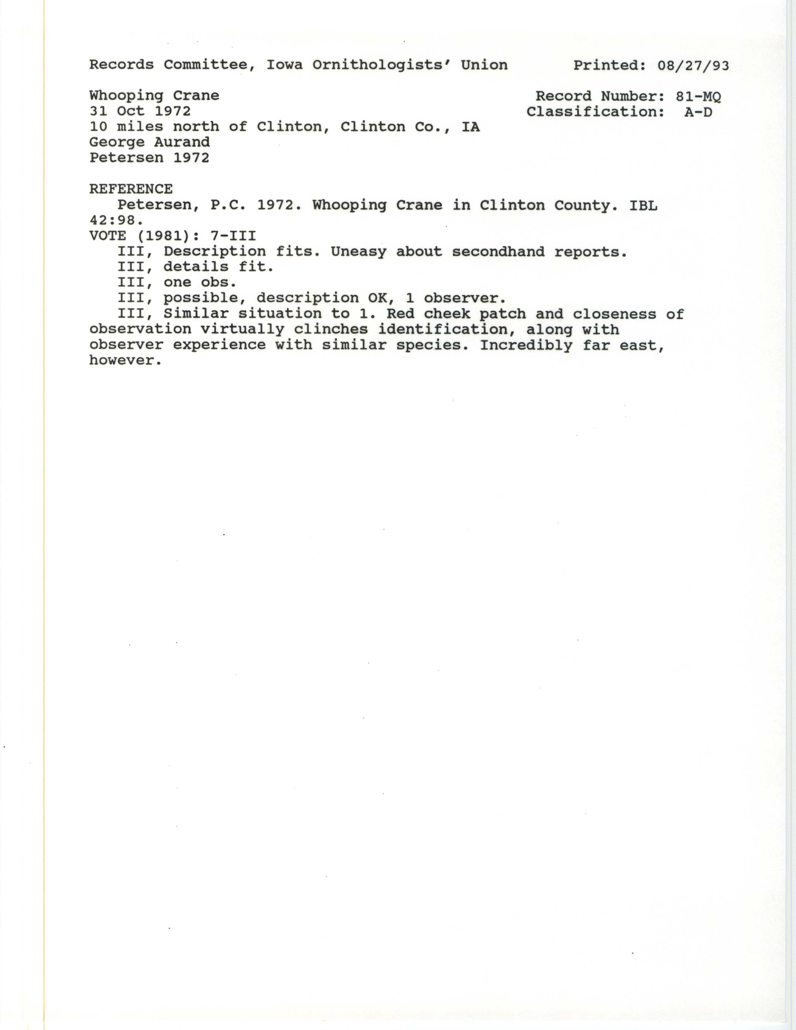 Records Committee review for rare bird sighting for Whooping Crane north of Clinton, 1972