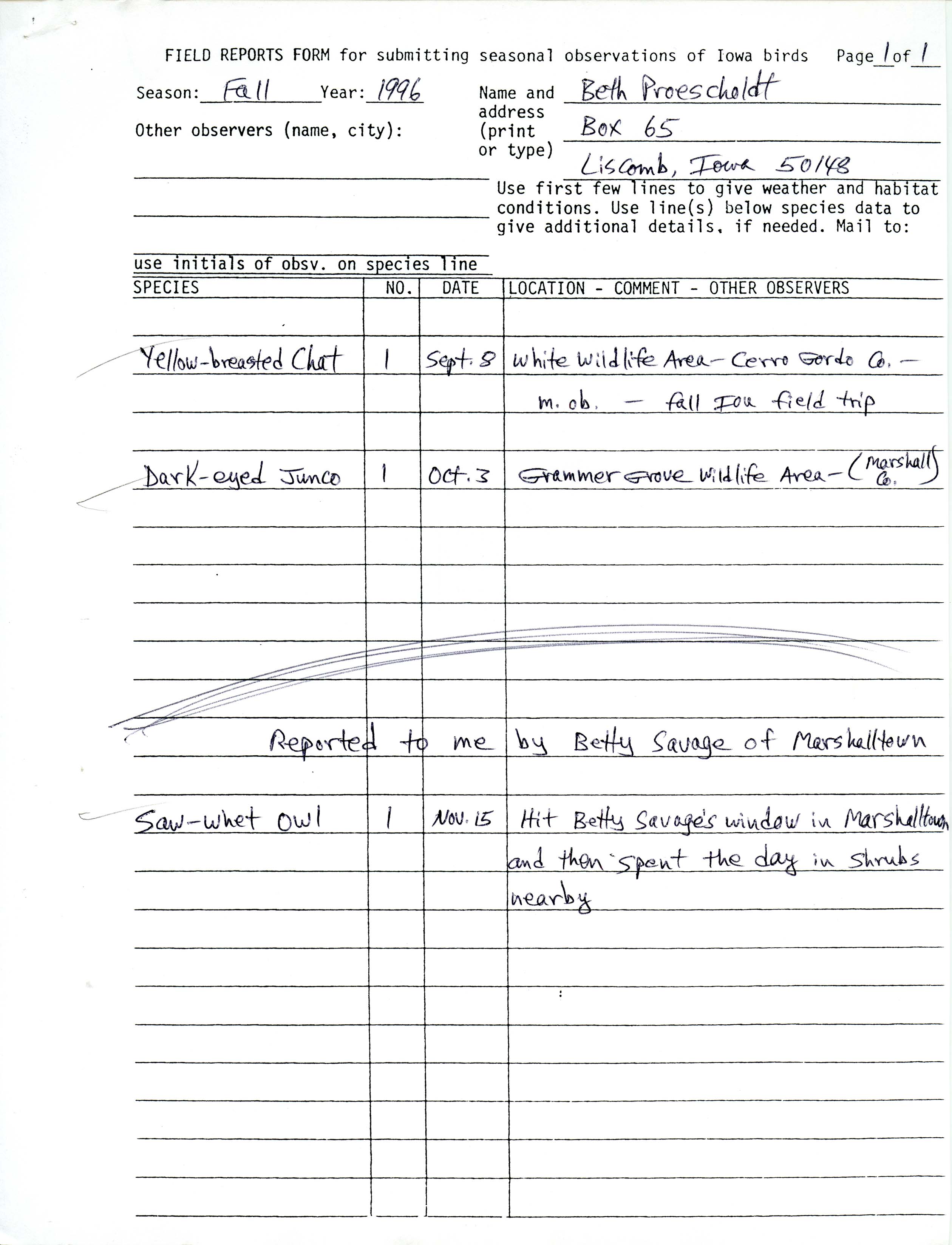 Field notes and Hawk watch report contributed by Beth Proescholdt, fall 1996