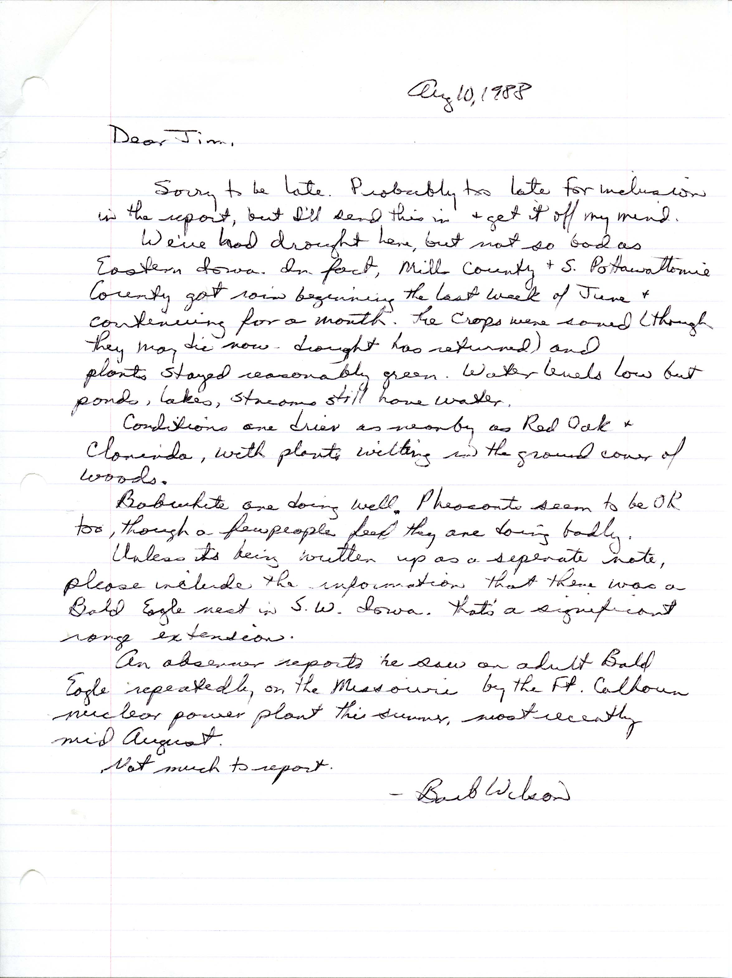 Barbara L. Wilson letter to James J. Dinsmore regarding the drought conditions and a Bald Eagle sighting, August 10, 1988