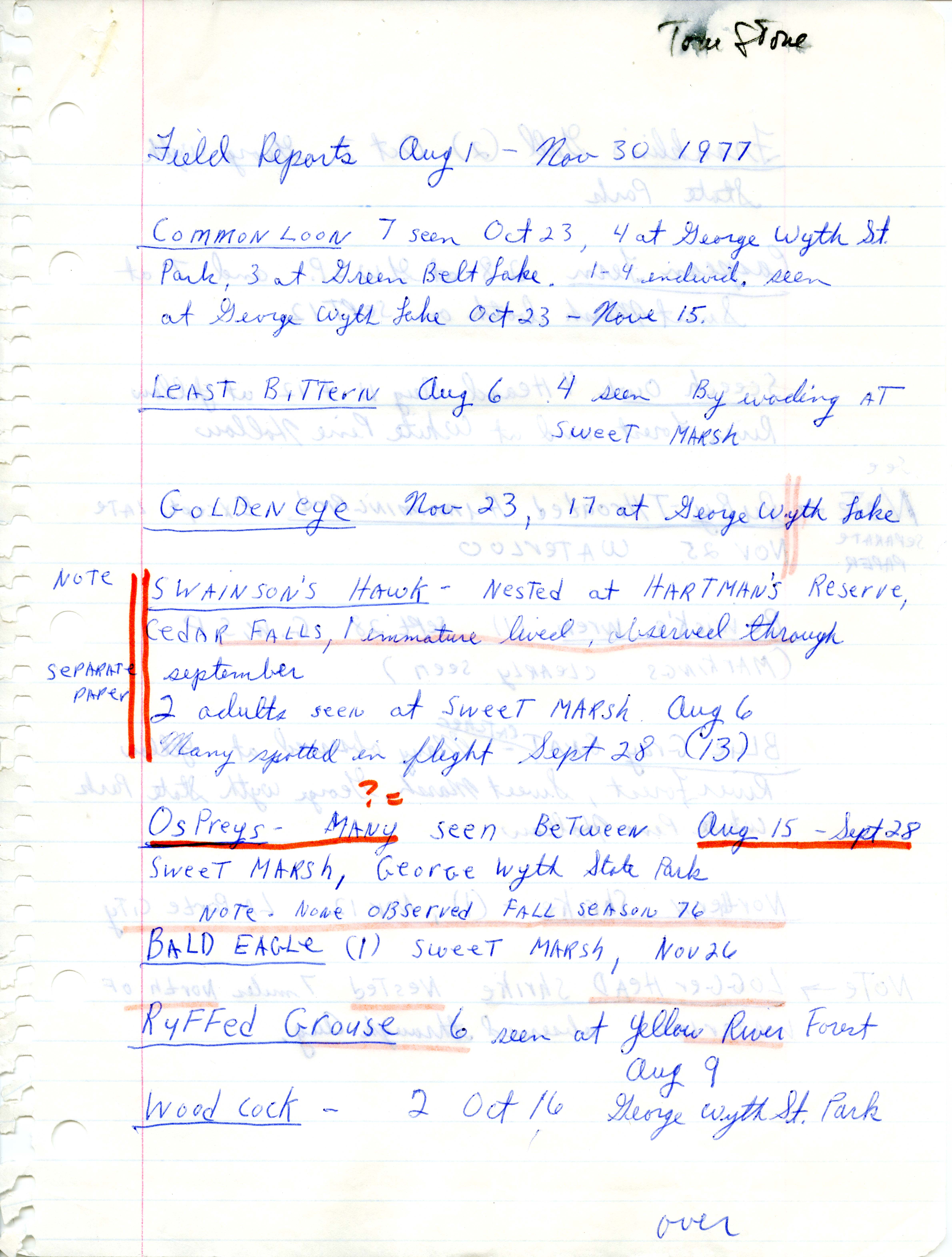 Field notes contributed by Tom Stone, fall 1977