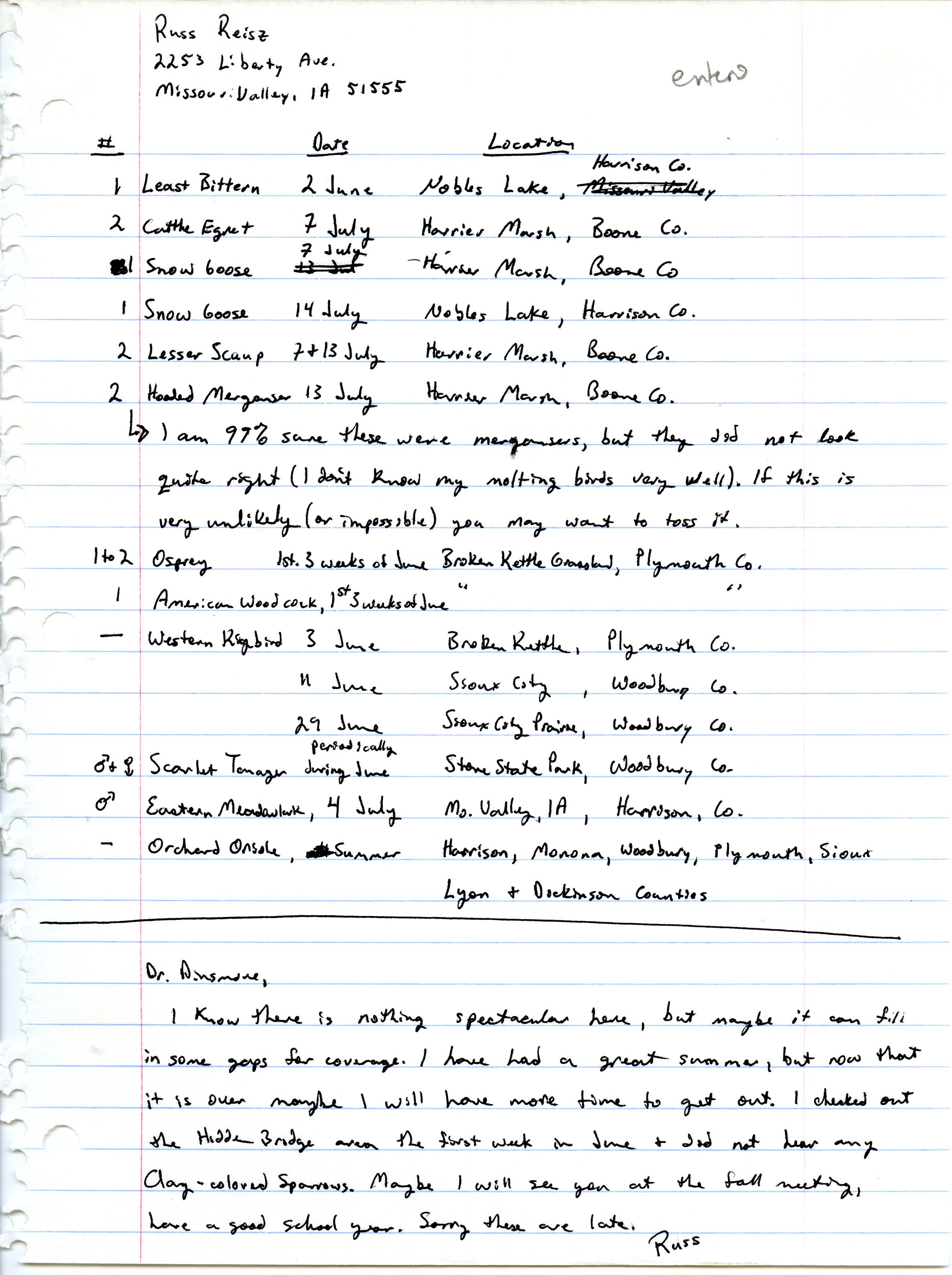 Field notes contributed by Russell Reisz, summer 1996