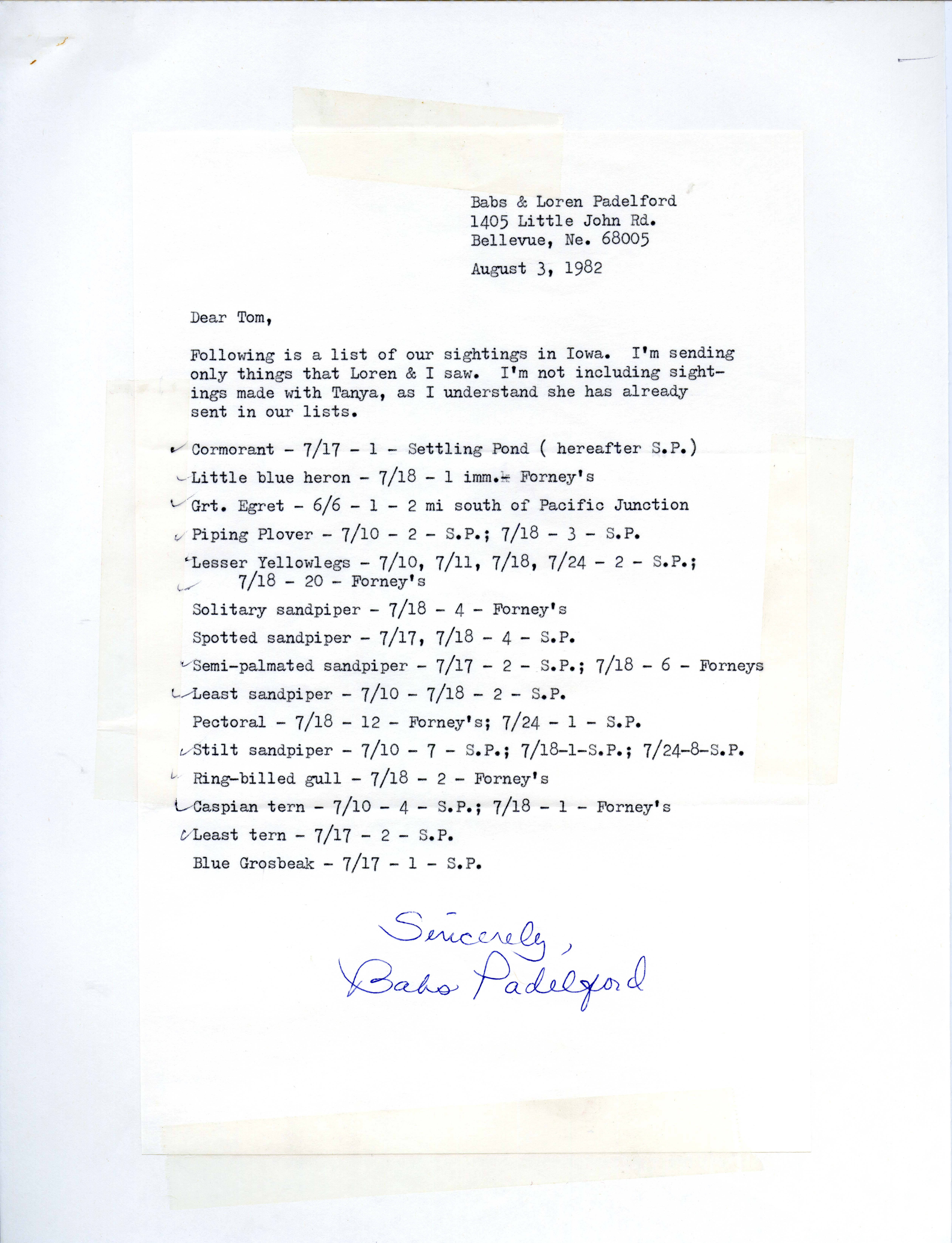 Babs Padelford letter to Thomas H. Kent regarding bird sightings, August 3, 1982