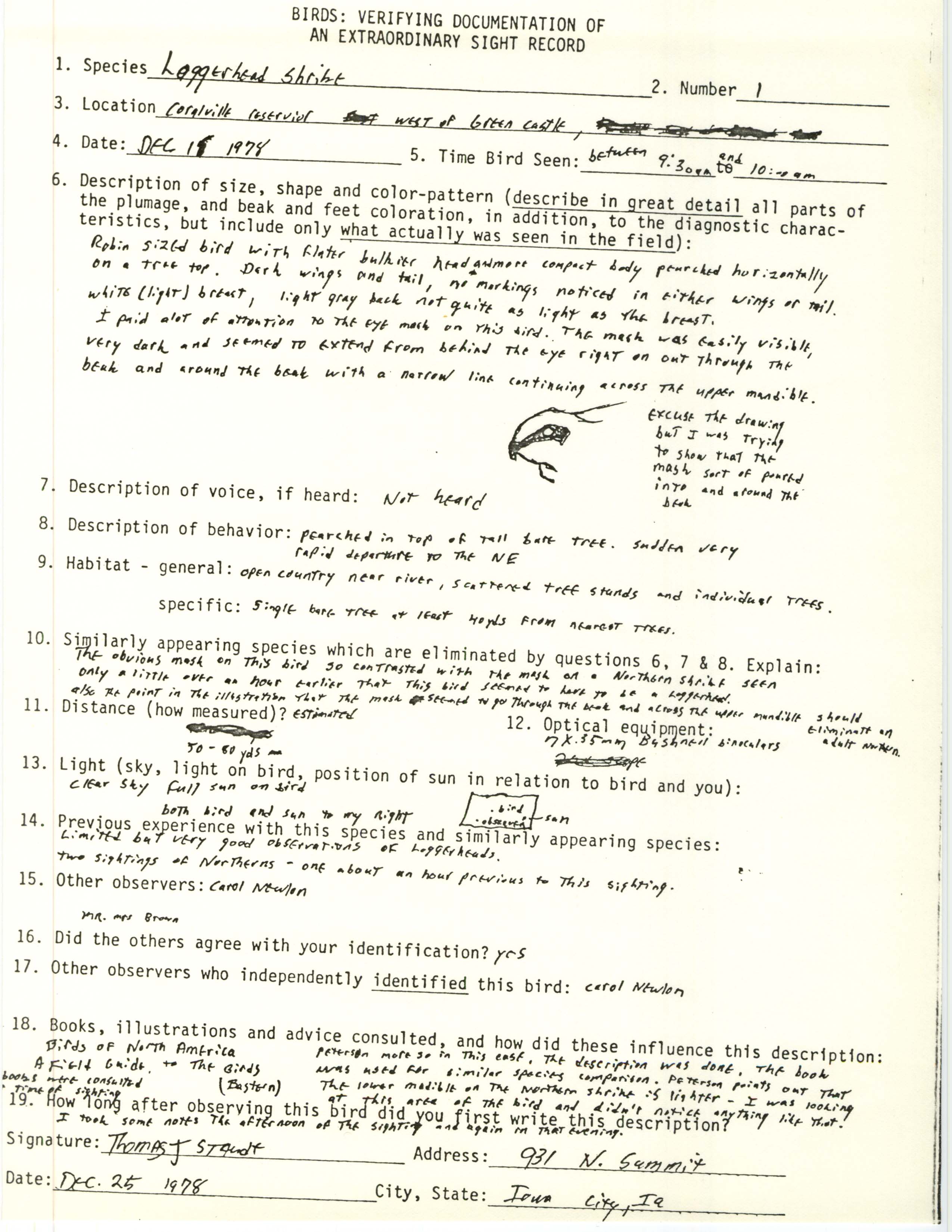 Rare bird documentation form for Loggerhead Shrike at Coralville Reservoir west of Green Castle, 1978