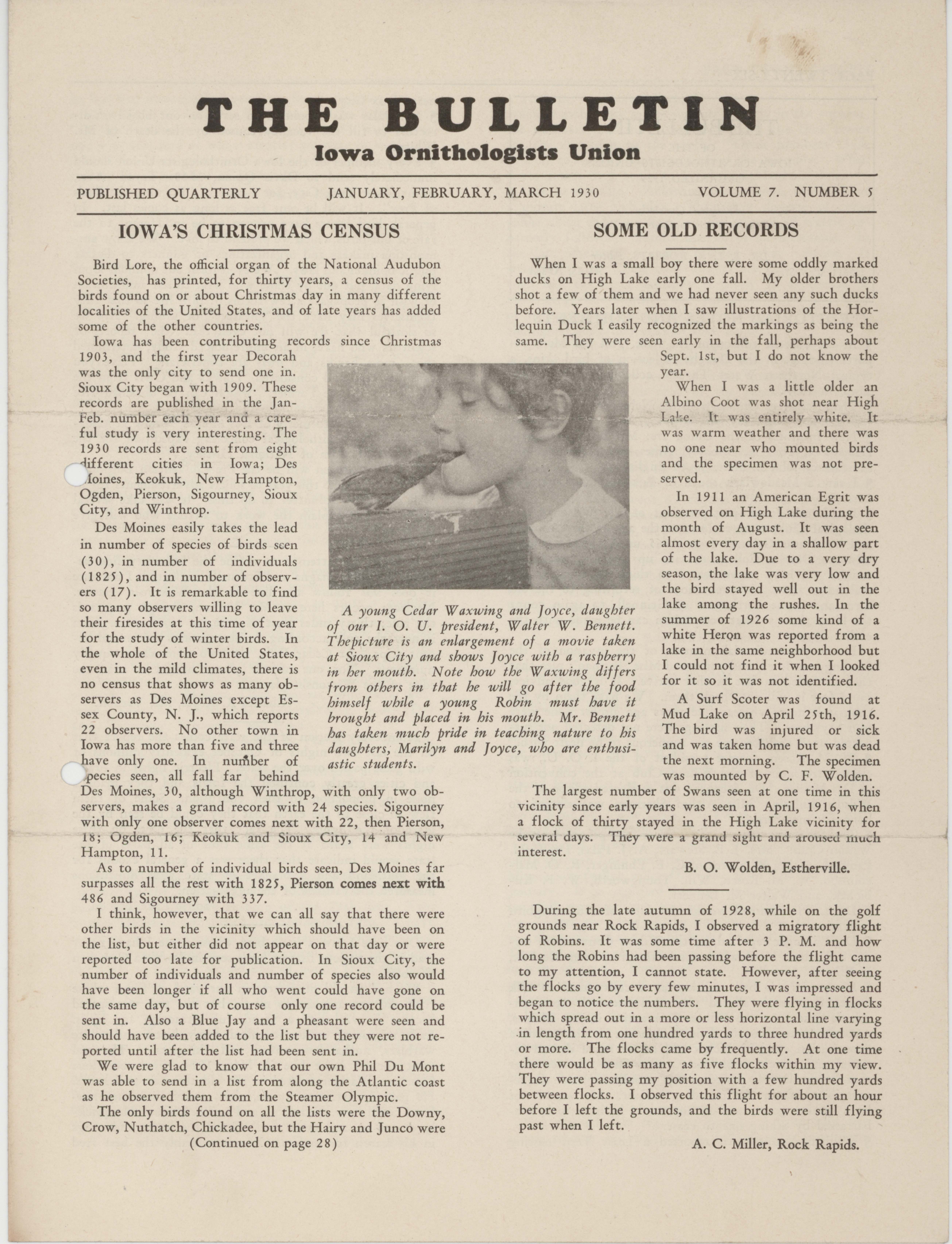 Bulletin (Iowa Ornithologists Union), Volume 7, Number 5, January/March 1930