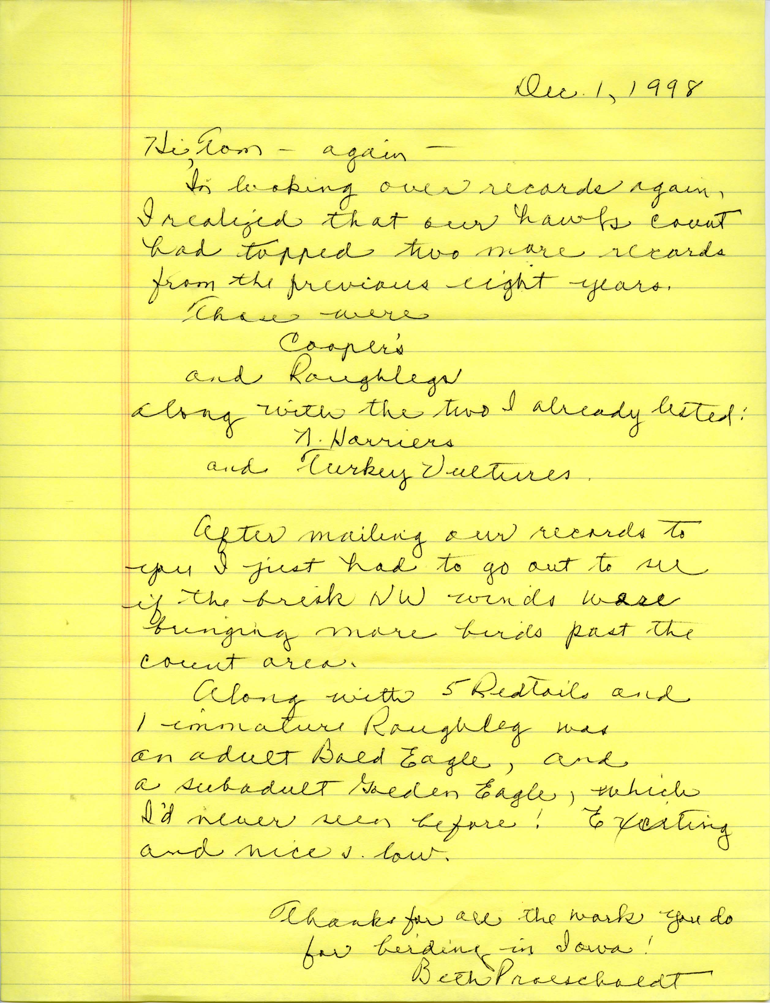 Beth Proescholdt letter to Thomas H. Kent regarding record Hawk counts, December 1, 1998.