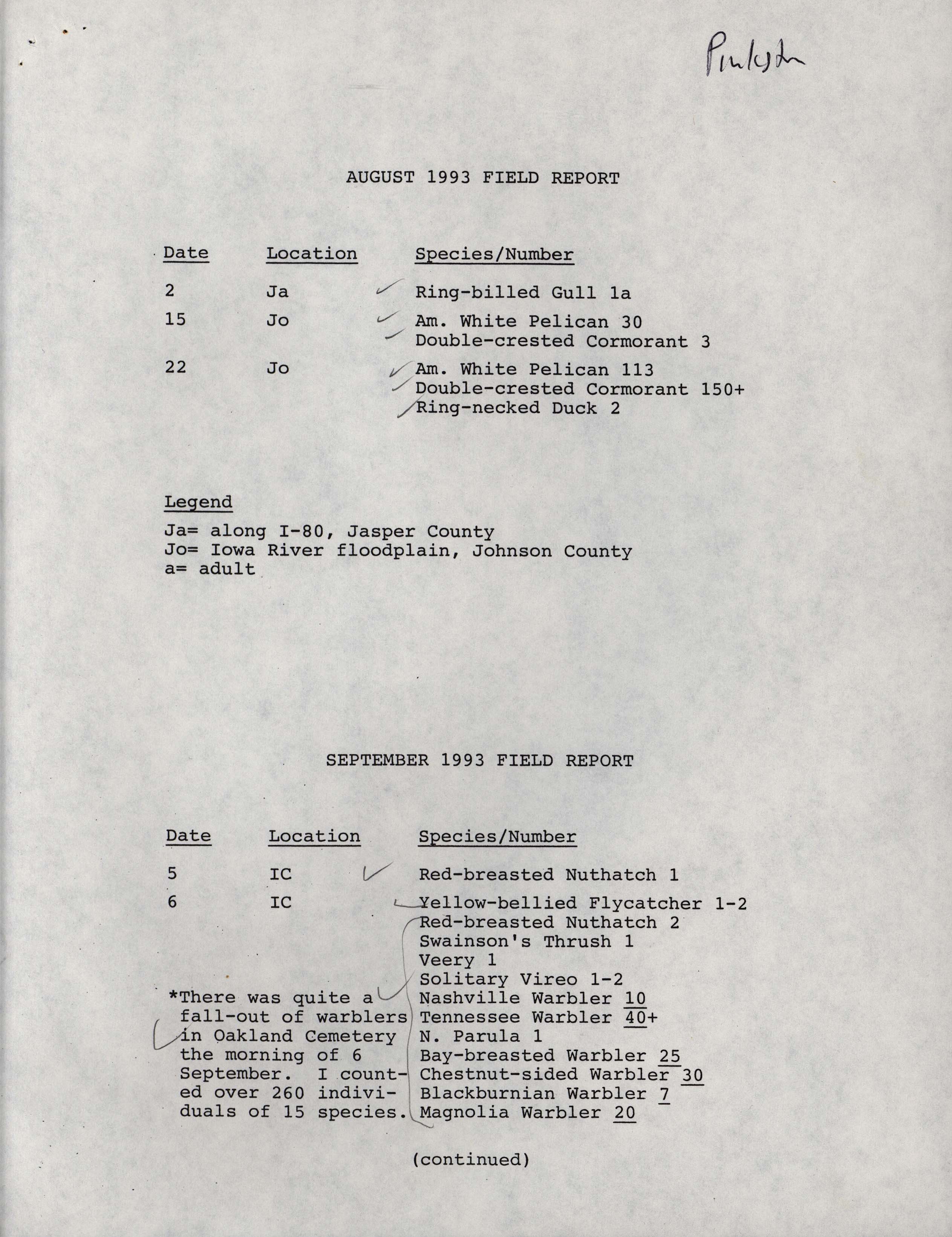 Field notes contributed by Randall Pinkston, fall 1993