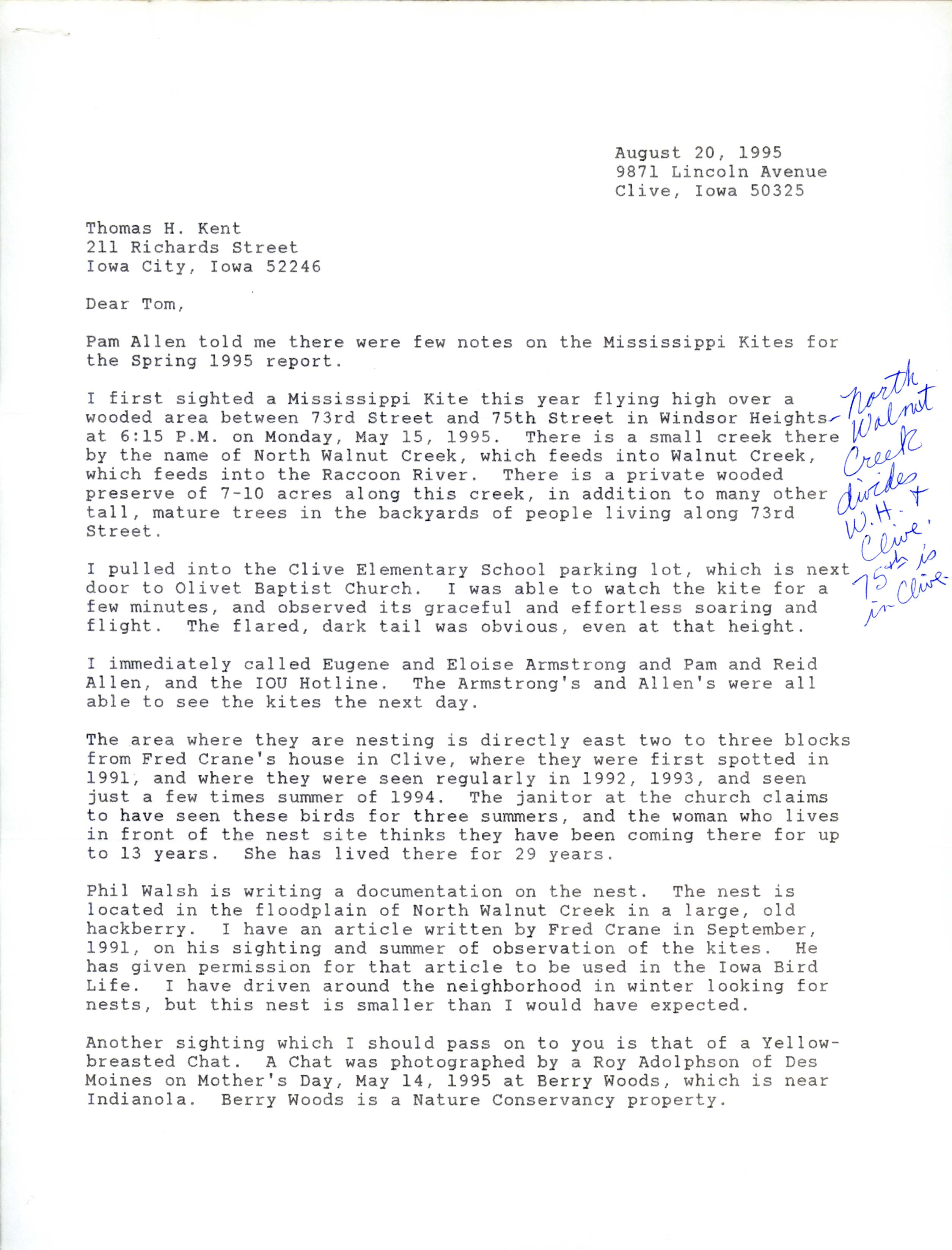 Jane Clark letter to Thomas H. Kent regarding bird sightings, August 20, 1995