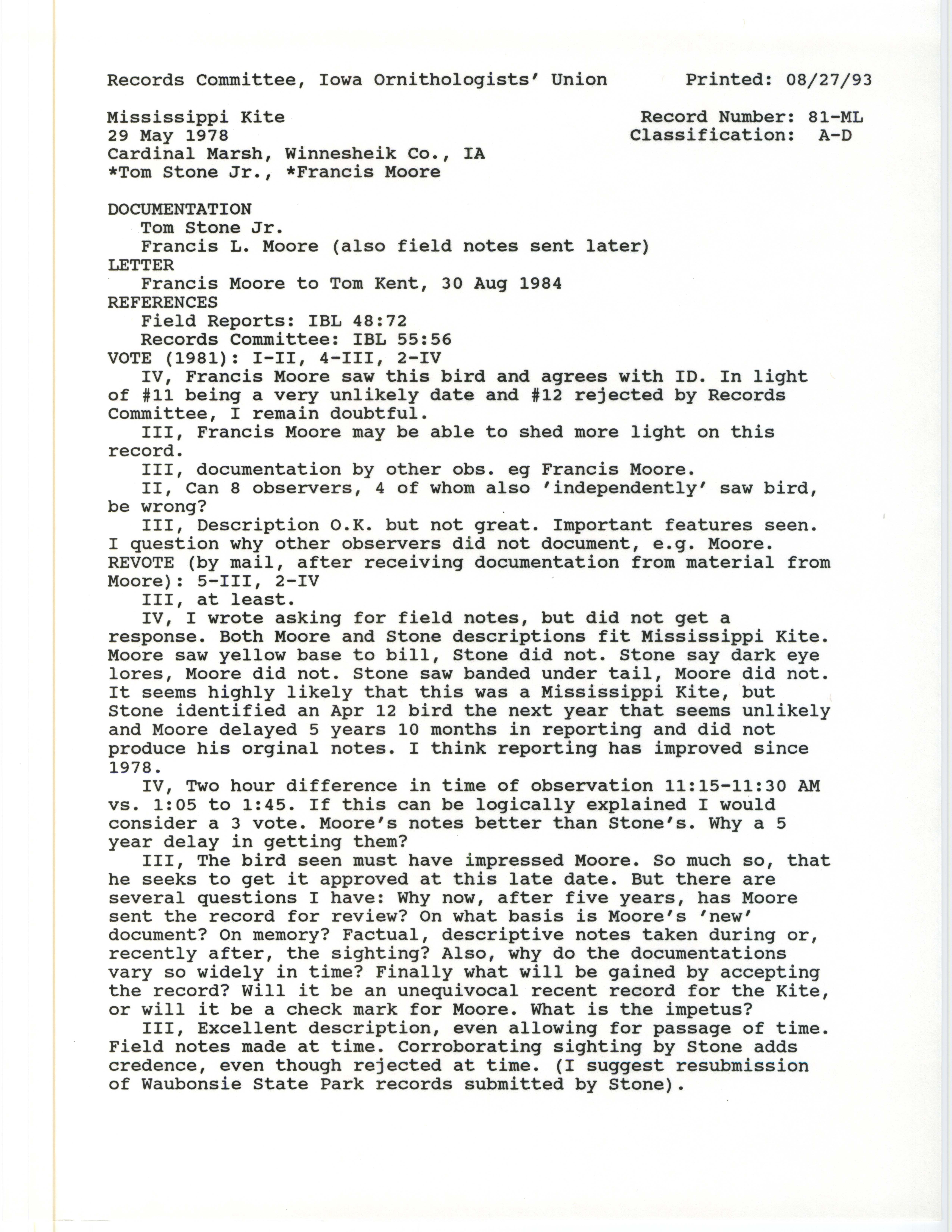 Records Committee review for rare bird sighting of Mississippi Kite at Cardinal Marsh, 1978