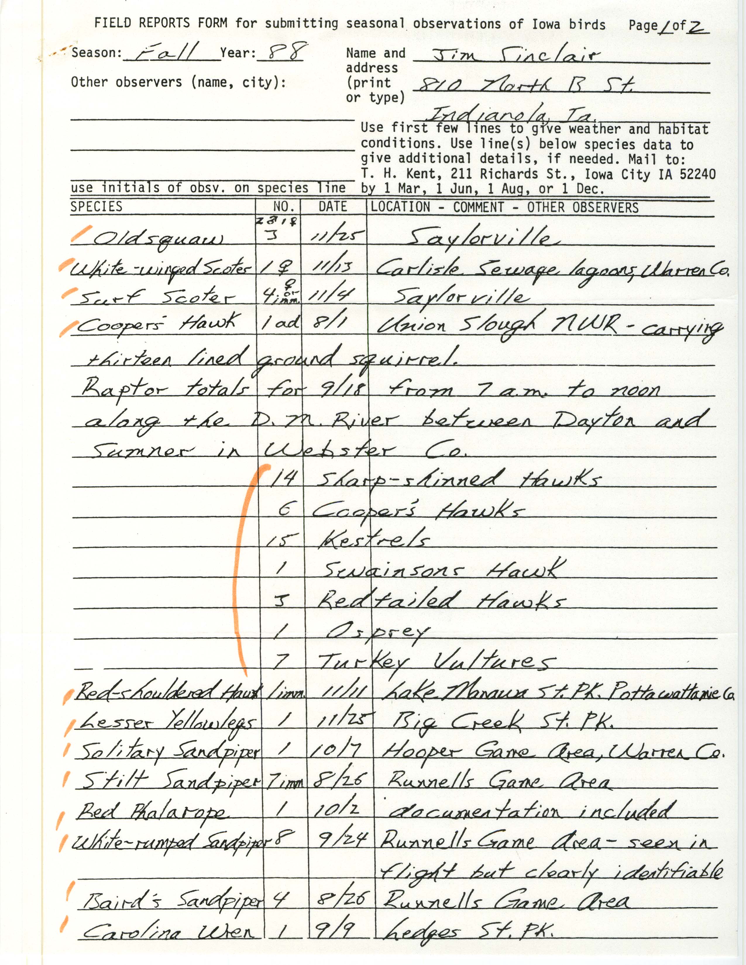 Field reports form for submitting seasonal observations of Iowa birds, Jim Sinclair, fall 1988