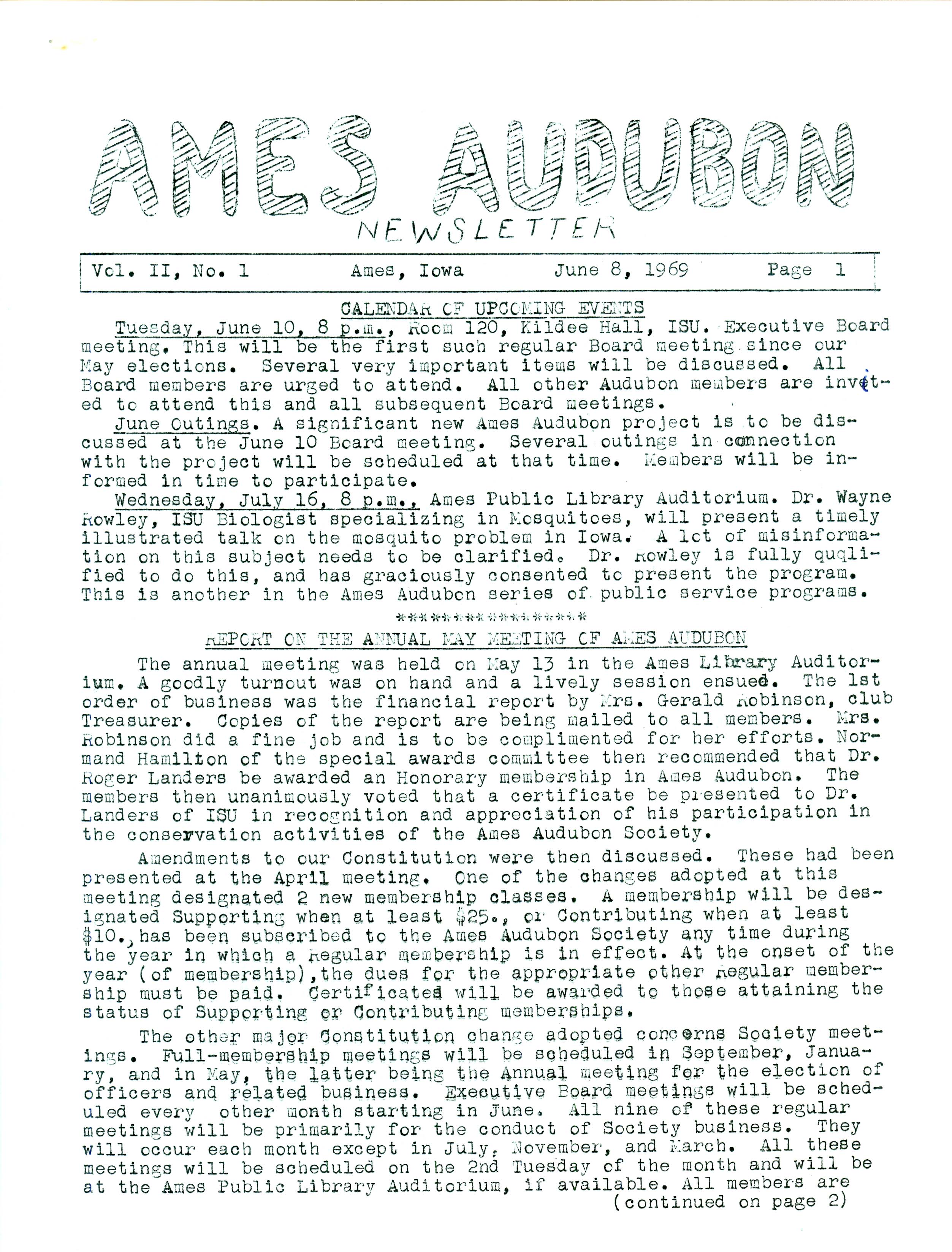 Ames Audubon Newsletter, Volume 2, Number 1, June 8, 1969