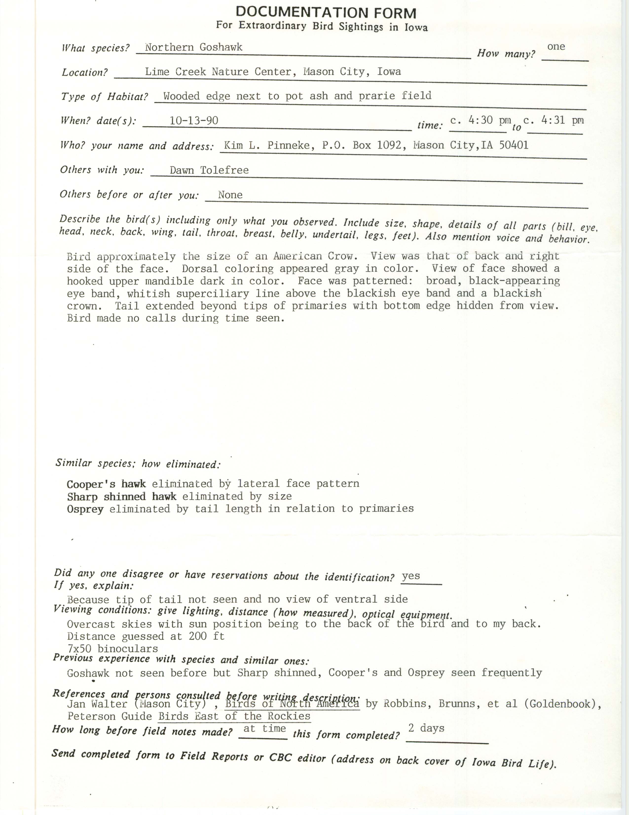 Rare bird documentation form for Northern Goshawk at Lime Creek Nature Center, 1990