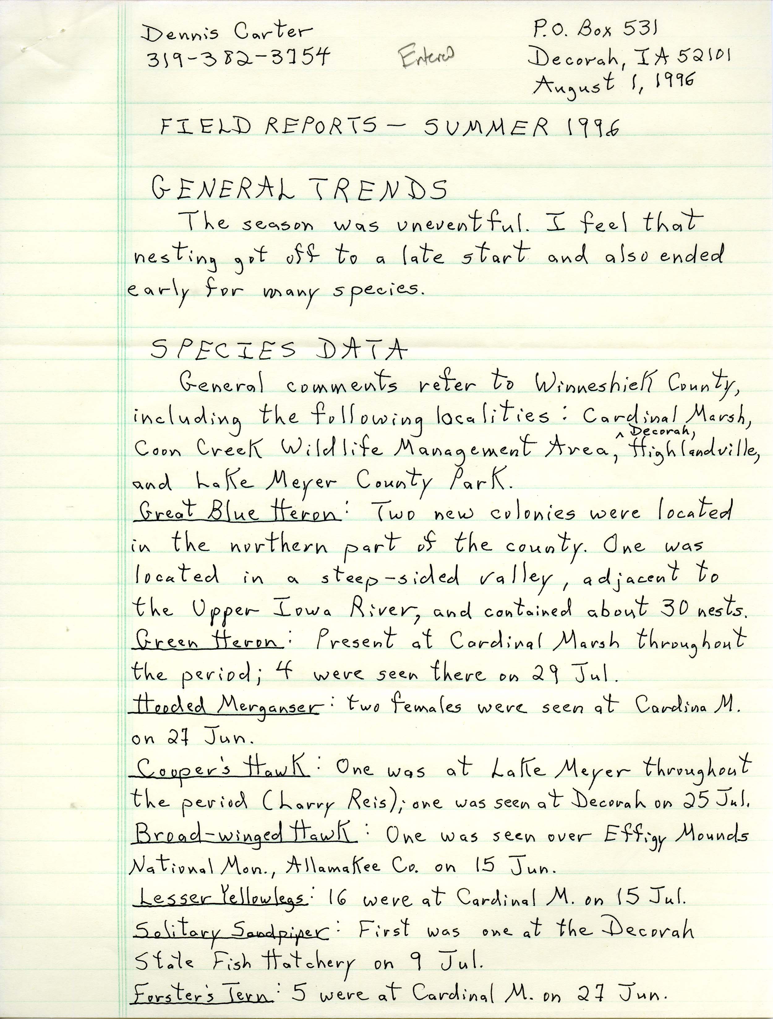 Field notes contributed by Dennis L. Carter, August 1, 1996