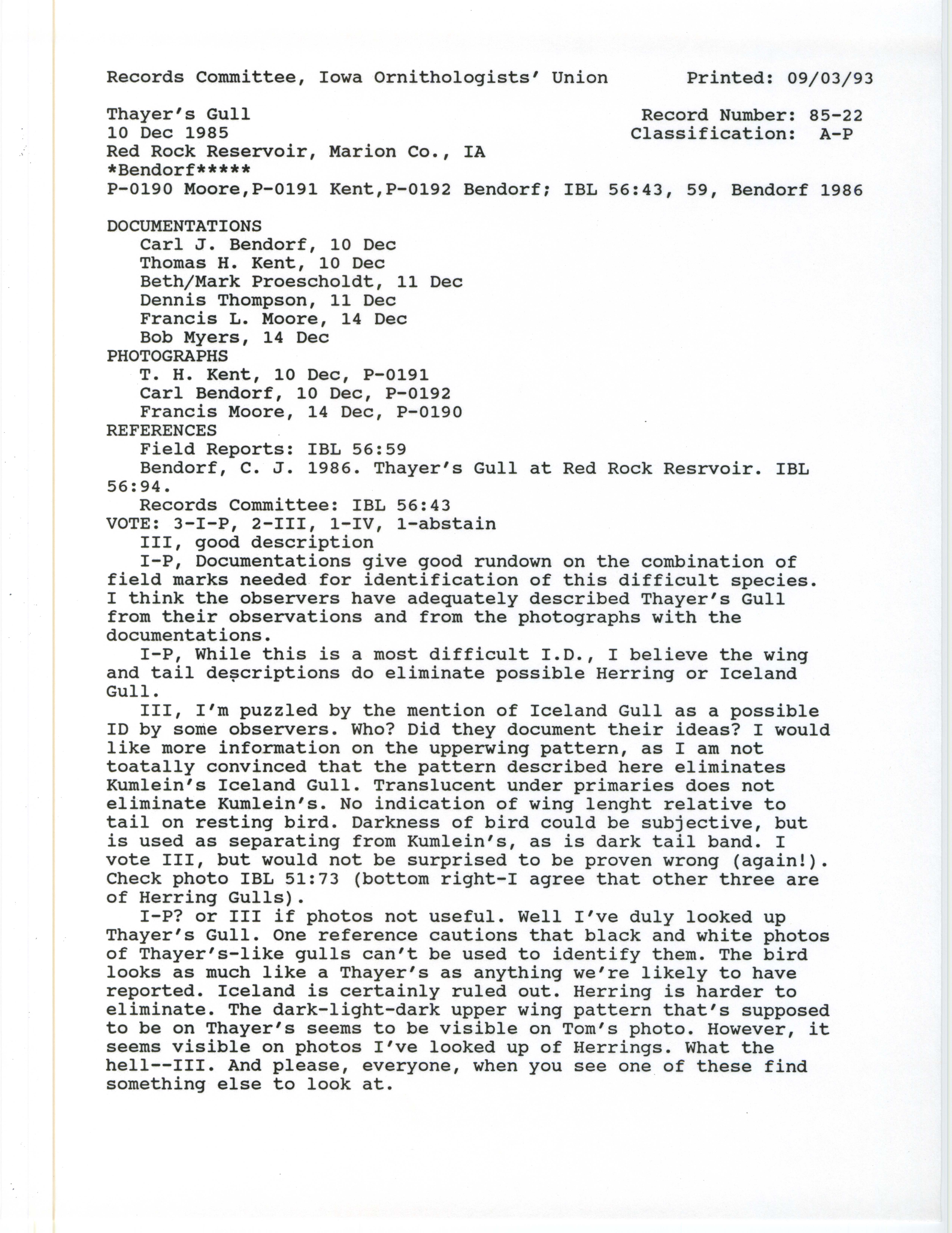 Records Committee review for rare bird sighting of a Thayer's Gull at Red Rock Reservoir Dam, 1985