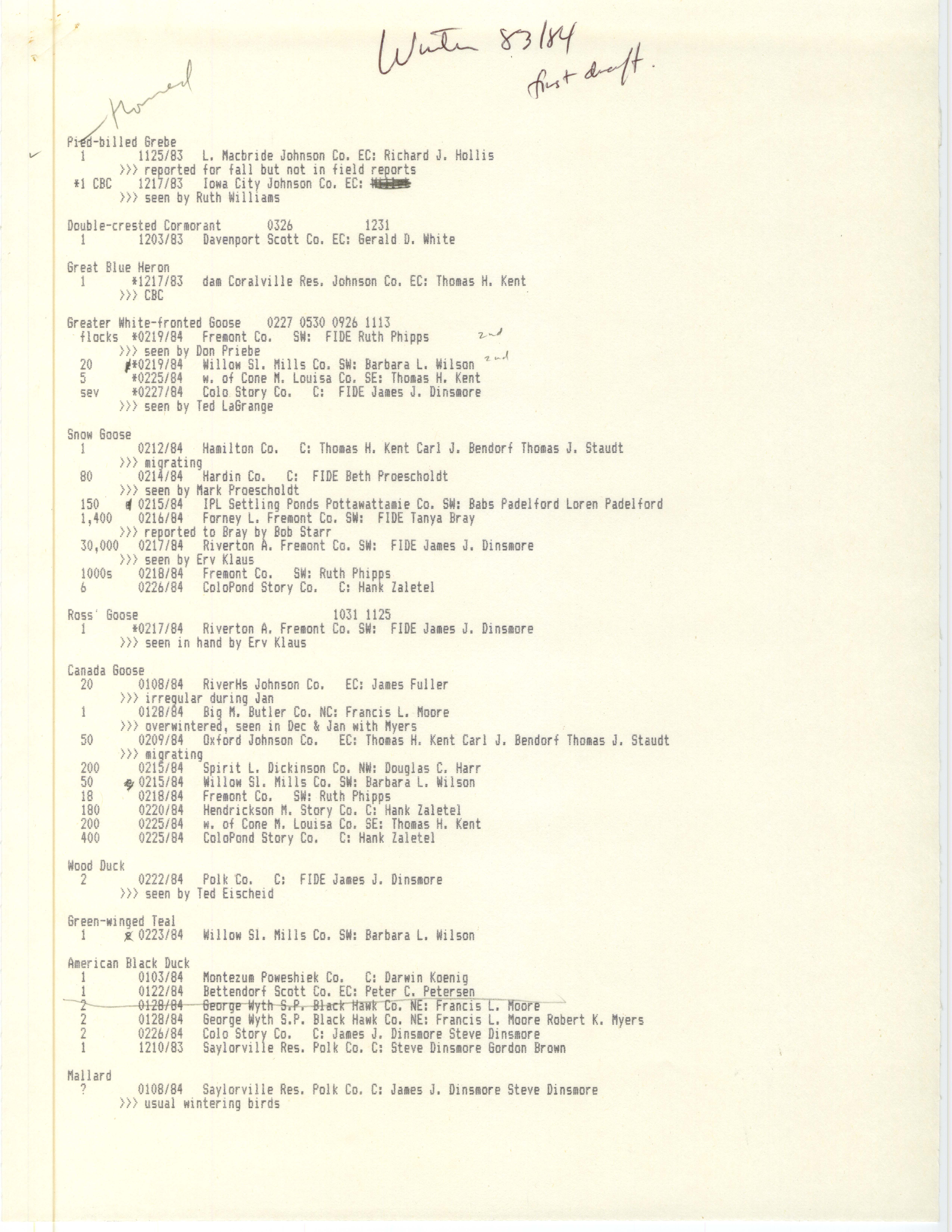 Field reports data, winter 1983-1984, first draft