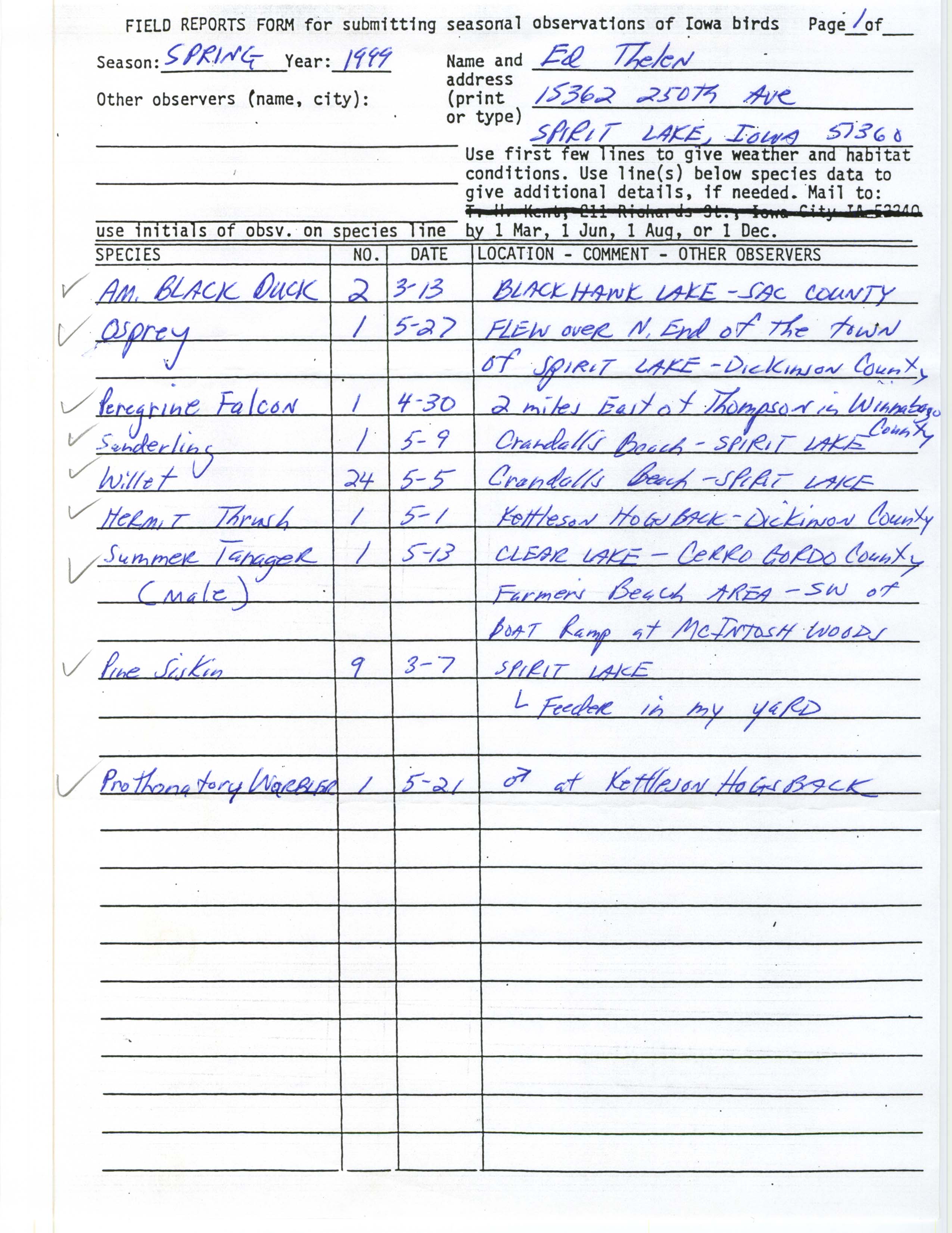 Field reports form for submitting seasonal observations of Iowa birds, Ed Thelen, spring 1999