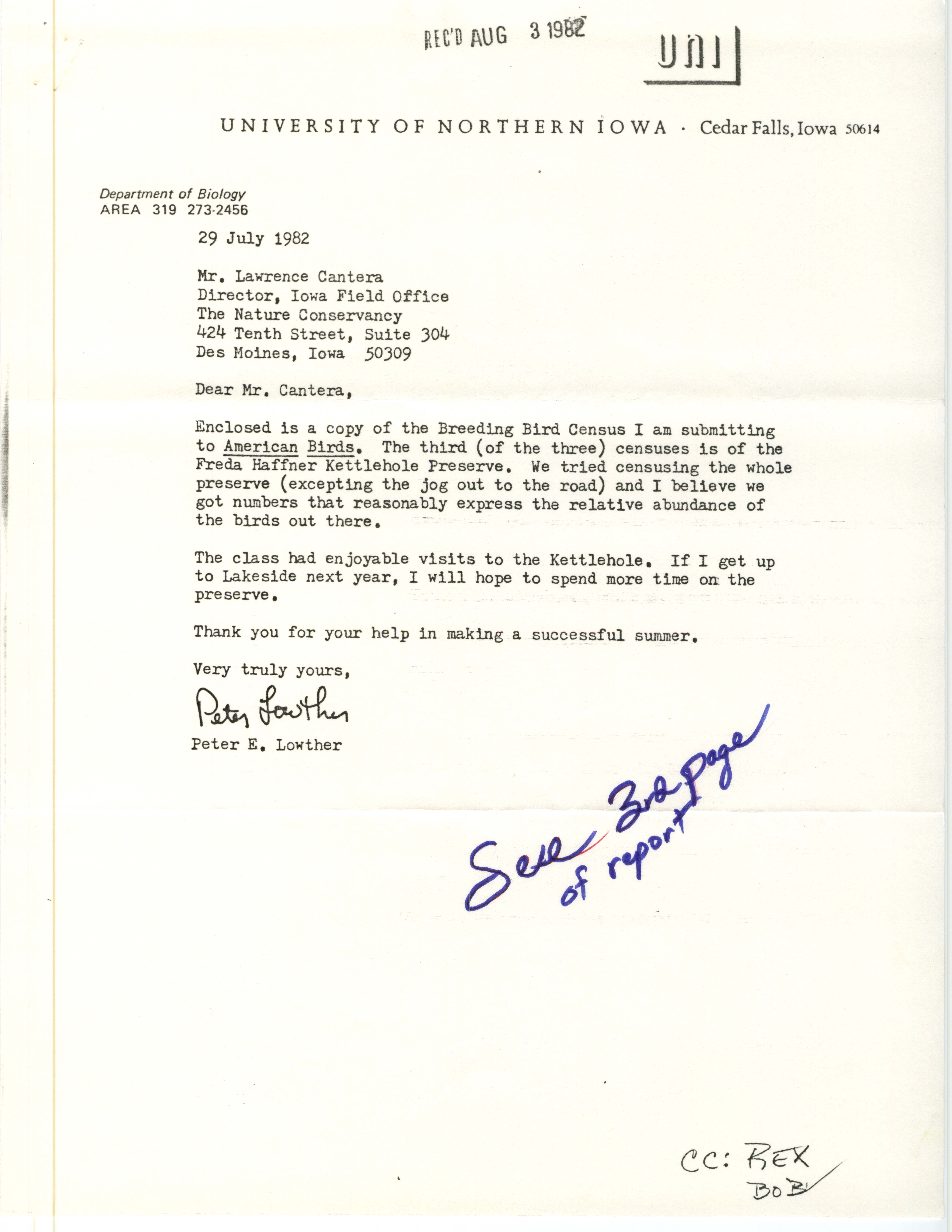 Peter E. Lowther letter to Lawrence Cantera regarding a report of three breeding bird censuses, July 29, 1982