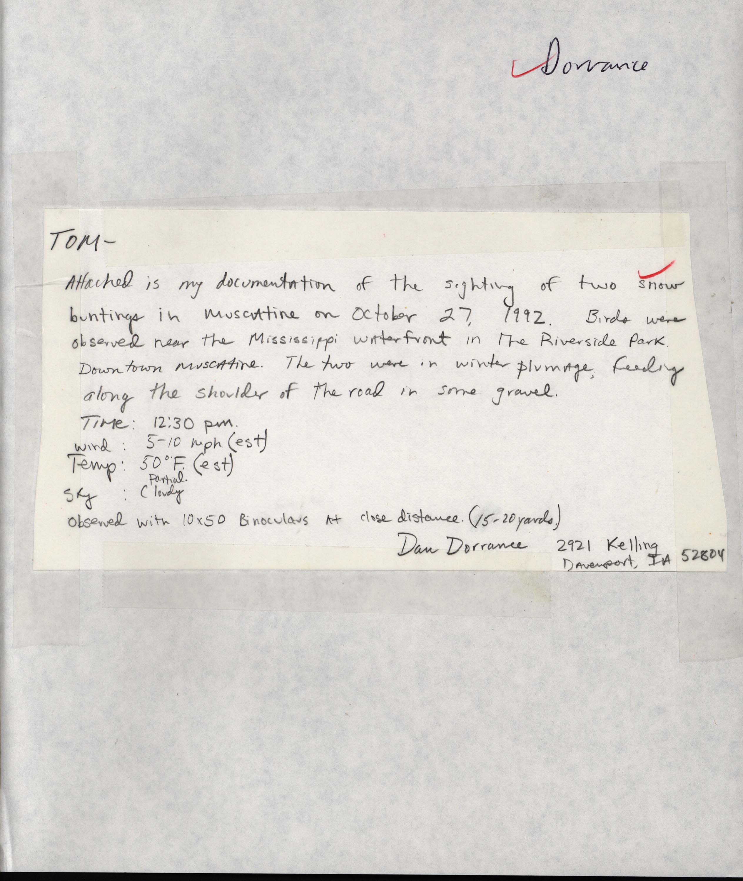 Field note about a Snow Bunting sighting contributed by Dan Dorrance, October 27, 1992