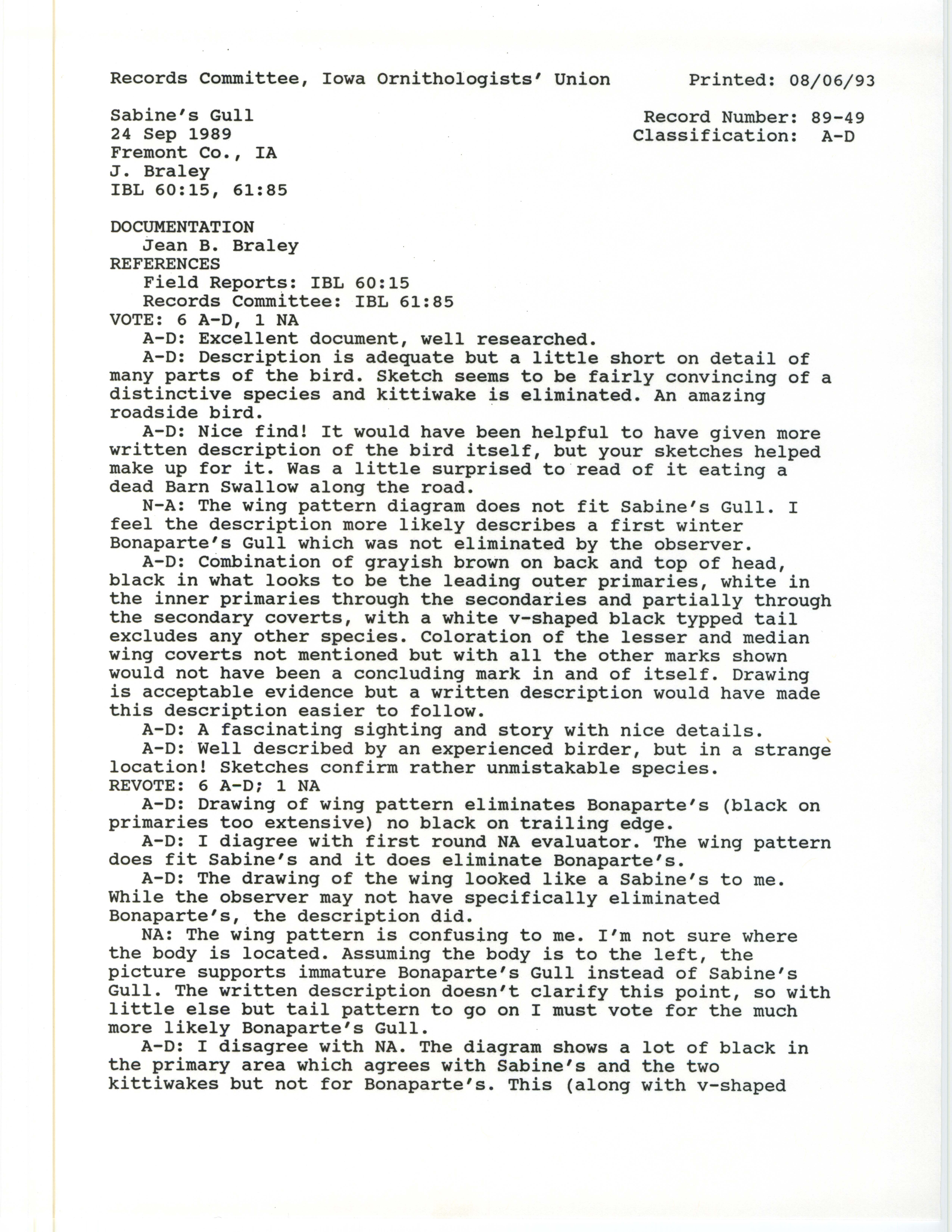Records Committee review for rare bird sighting of Sabine's Gull north of Farragut, 1989