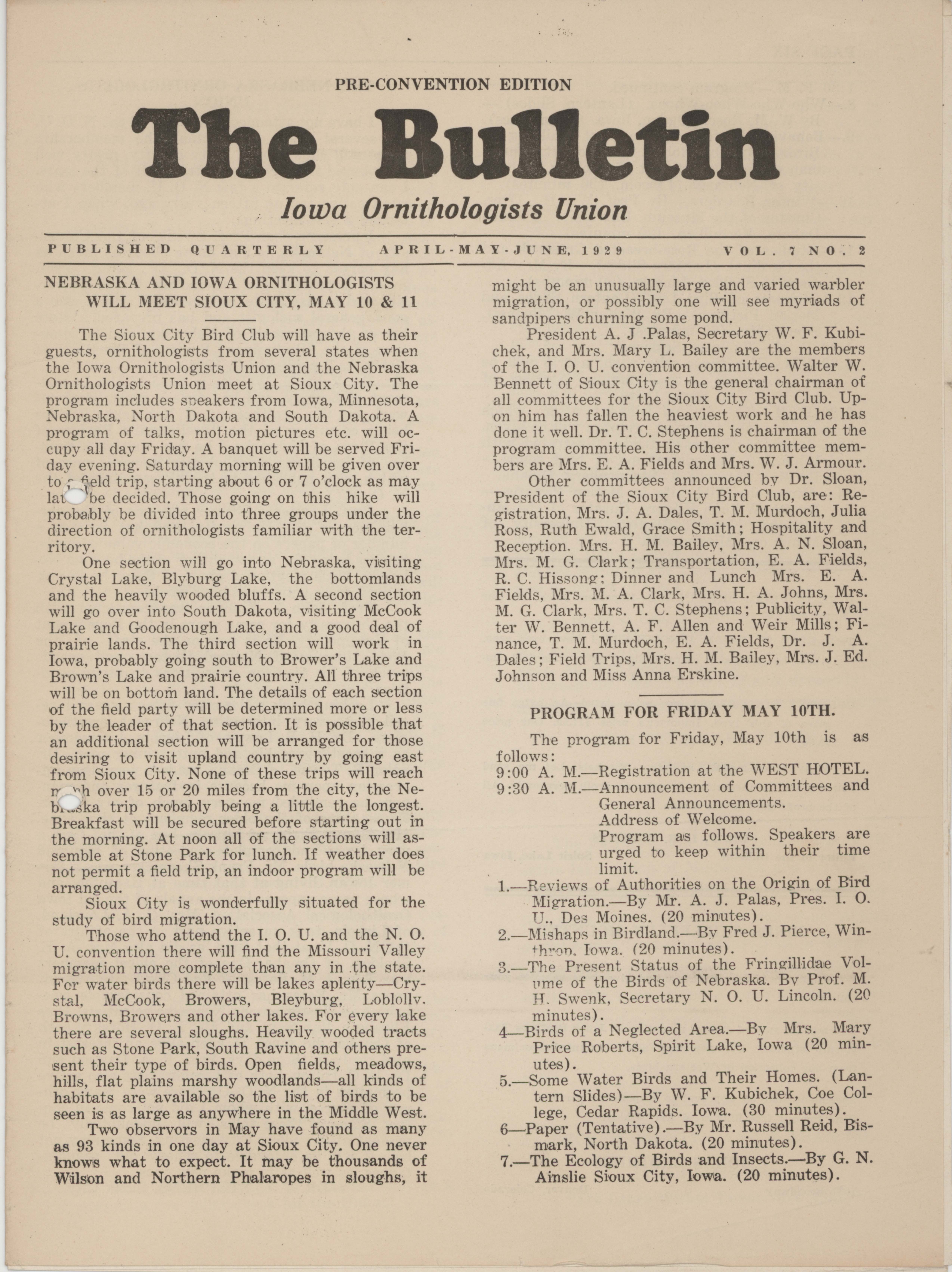 Bulletin (Iowa Ornithologists Union), Volume 7, Number 2, April/June 1929