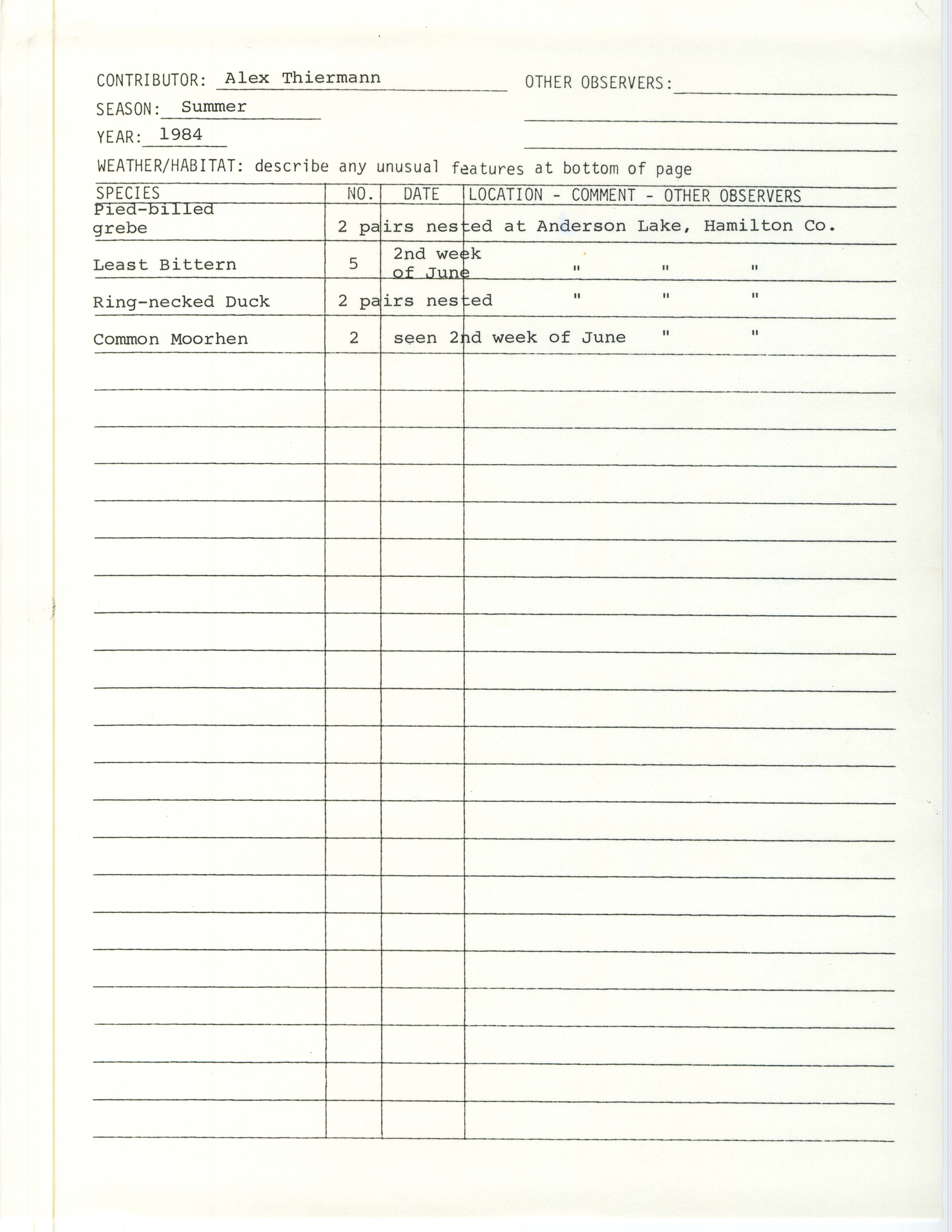 Field notes contributed by Alex Thiermann, summer 1984