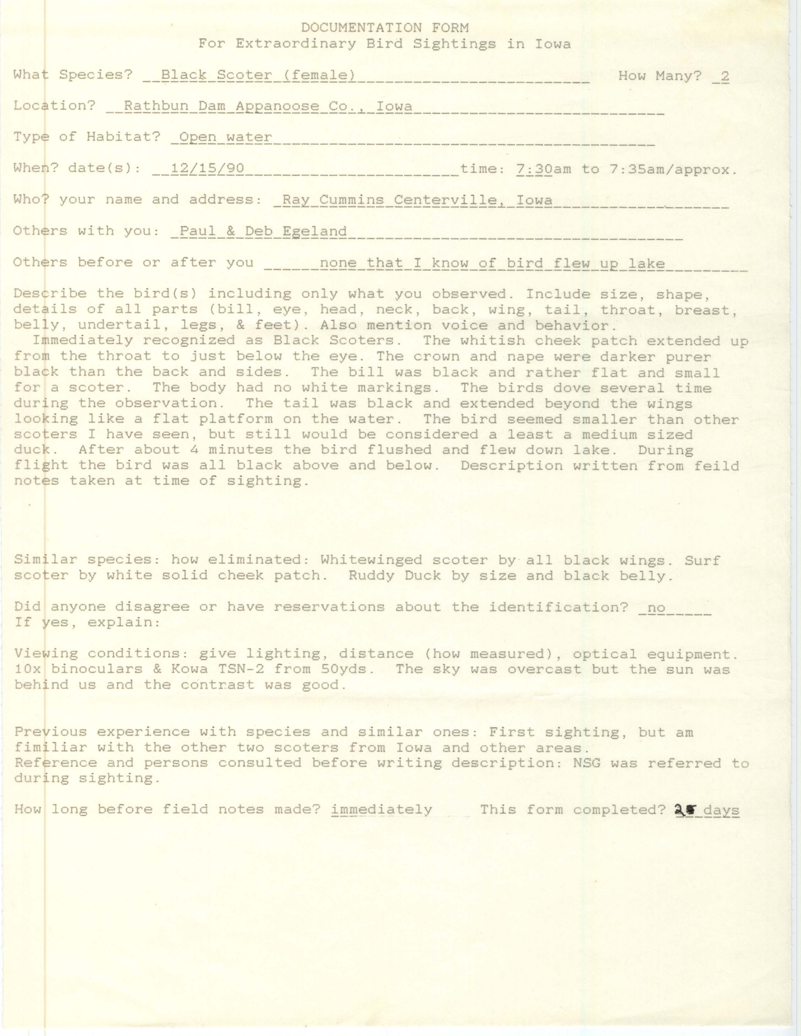 Rare bird documentation form for Black Scoter at Rathbun Dam, 1990