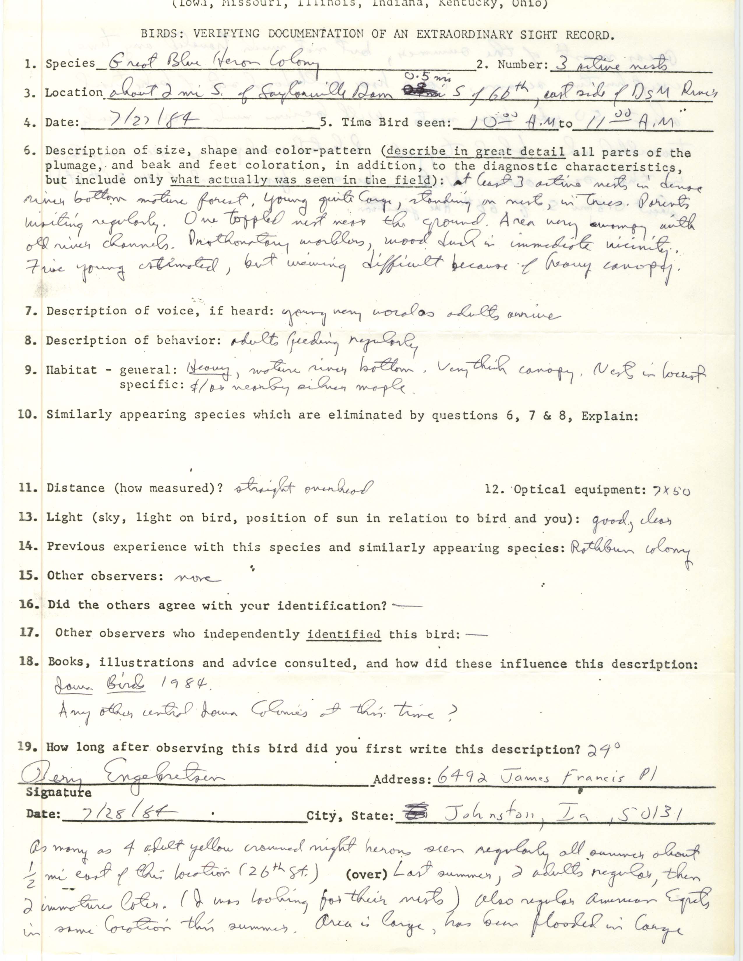 Rare bird documentation form for Great Blue Heron at Saylorville Dam, 1984