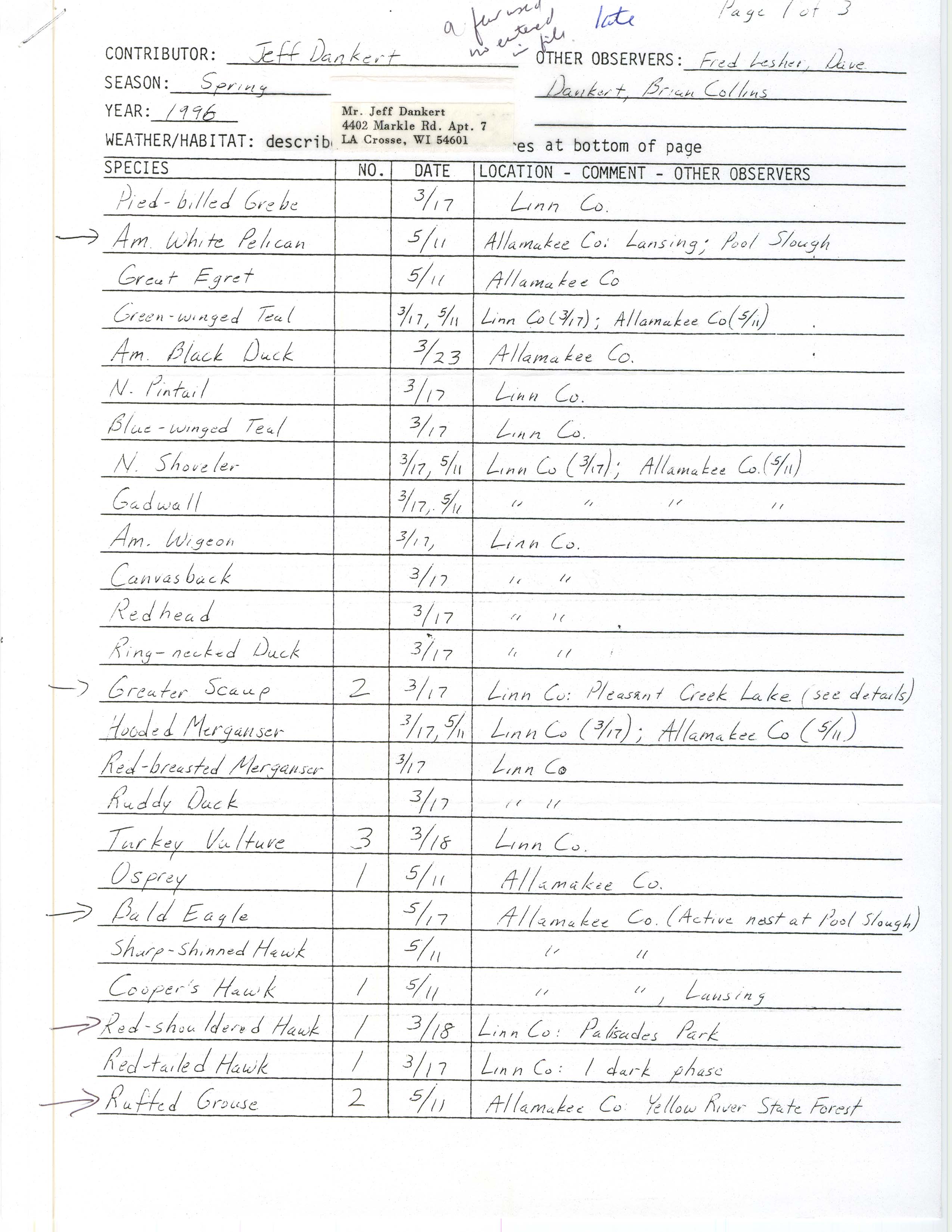 Field notes contributed by Jeffrey B. Dankert, spring 1996