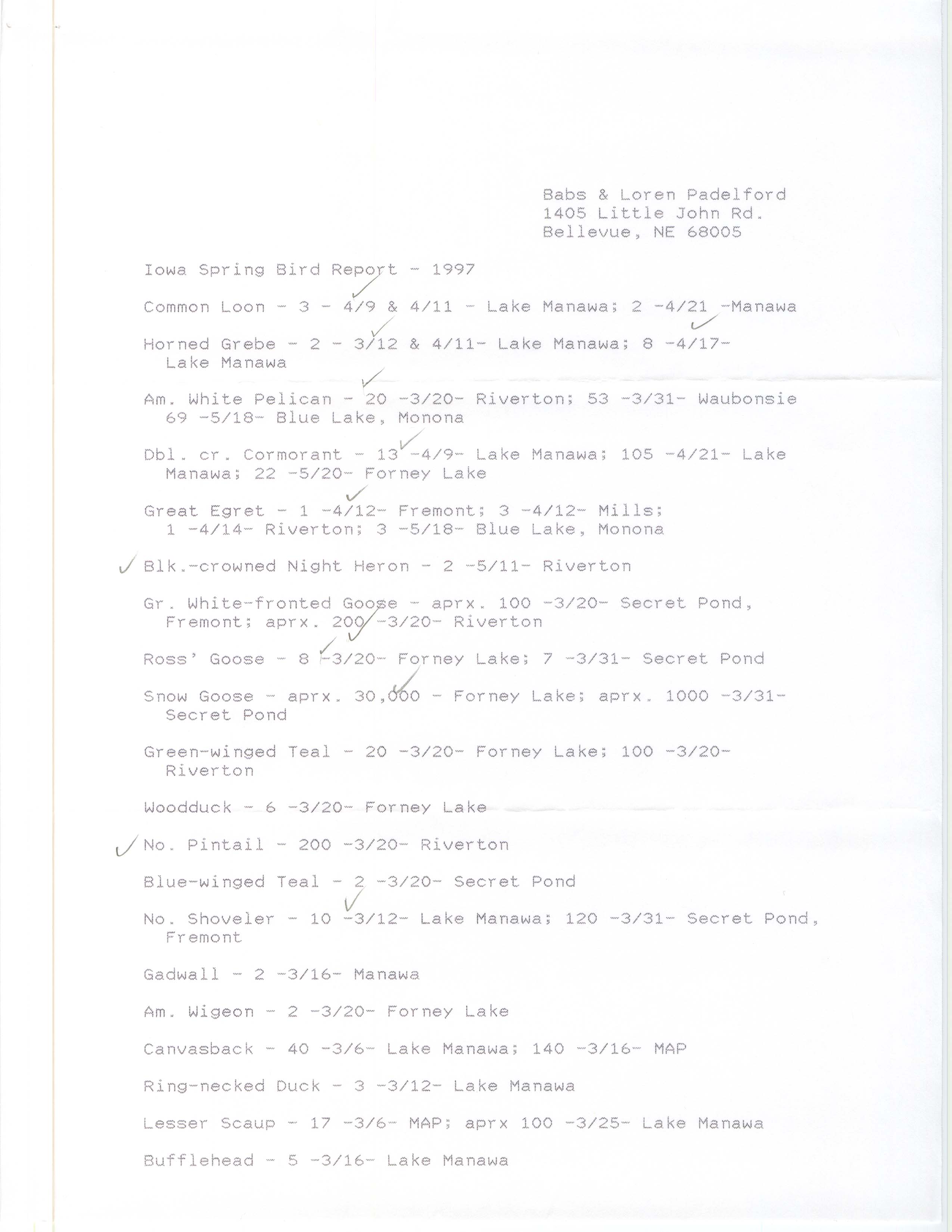Field notes contributed by Babs Padelford and Loren Padelford, spring 1997