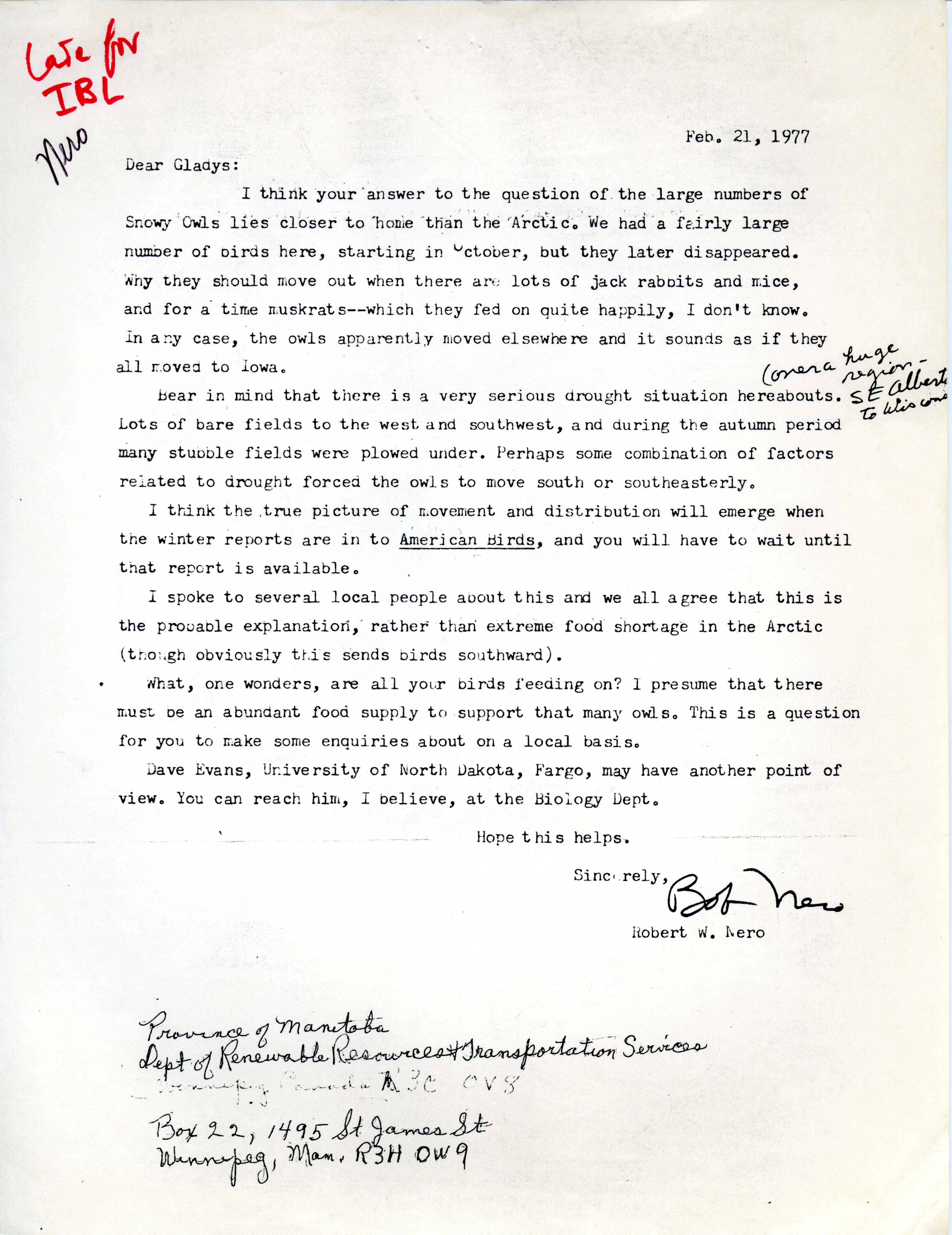 Robert W. Nero letter to Gladys Black regarding Snowy Owl migration, February 21, 1977