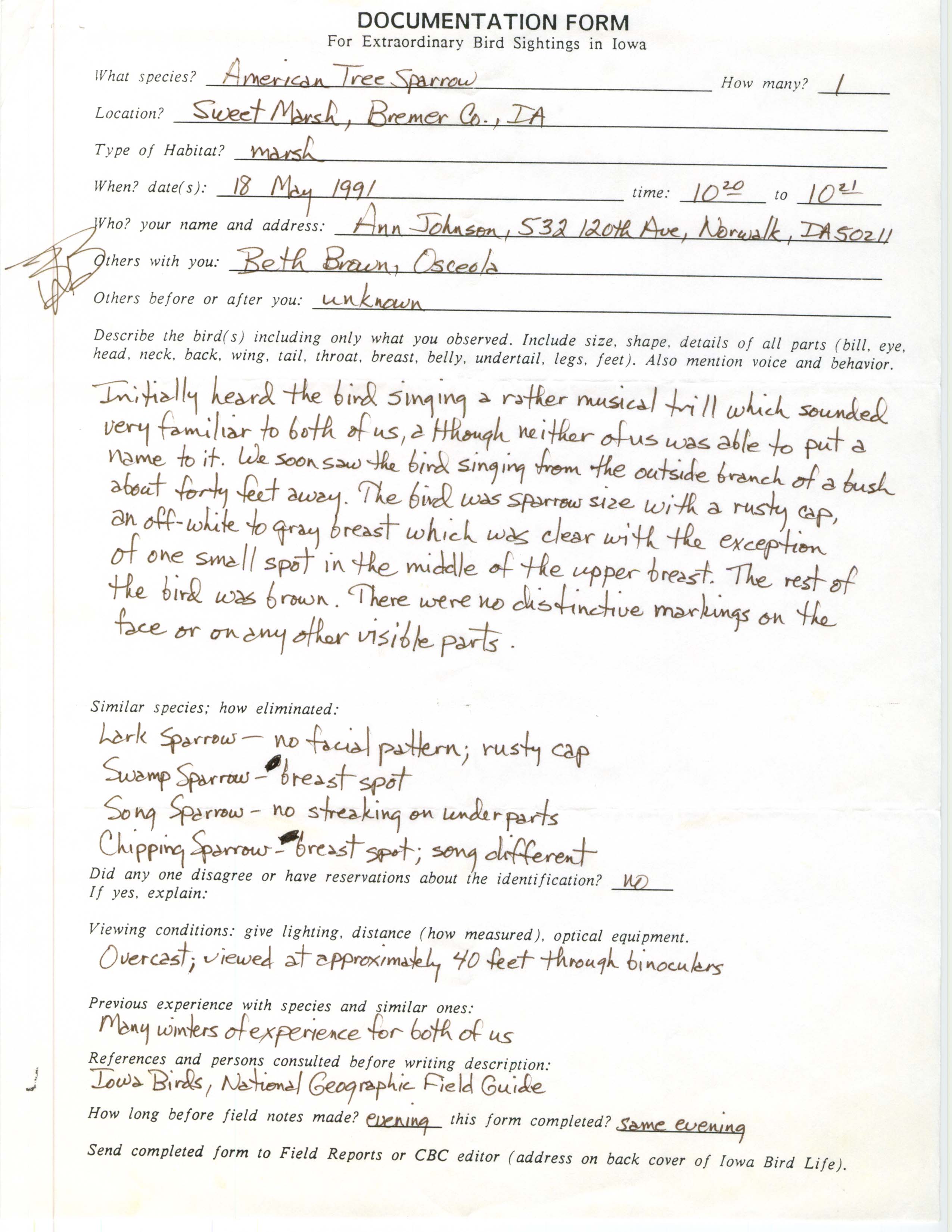 Rare bird documentation form for American Tree Sparrow at Sweet Marsh, 1991