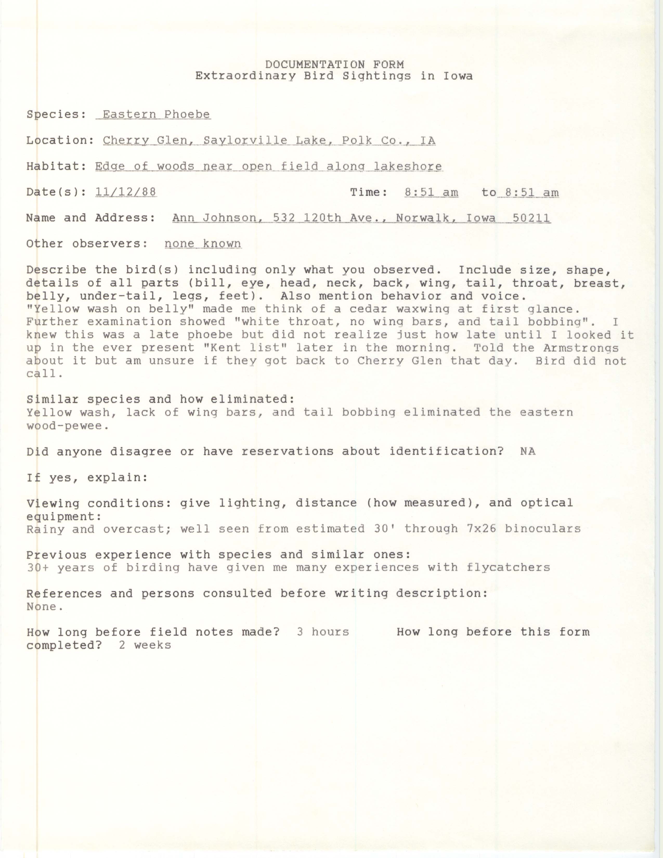 Rare bird documentation form for Eastern Phoebe at Cherry Glen Recreation Area at Saylorville Lake, 1988