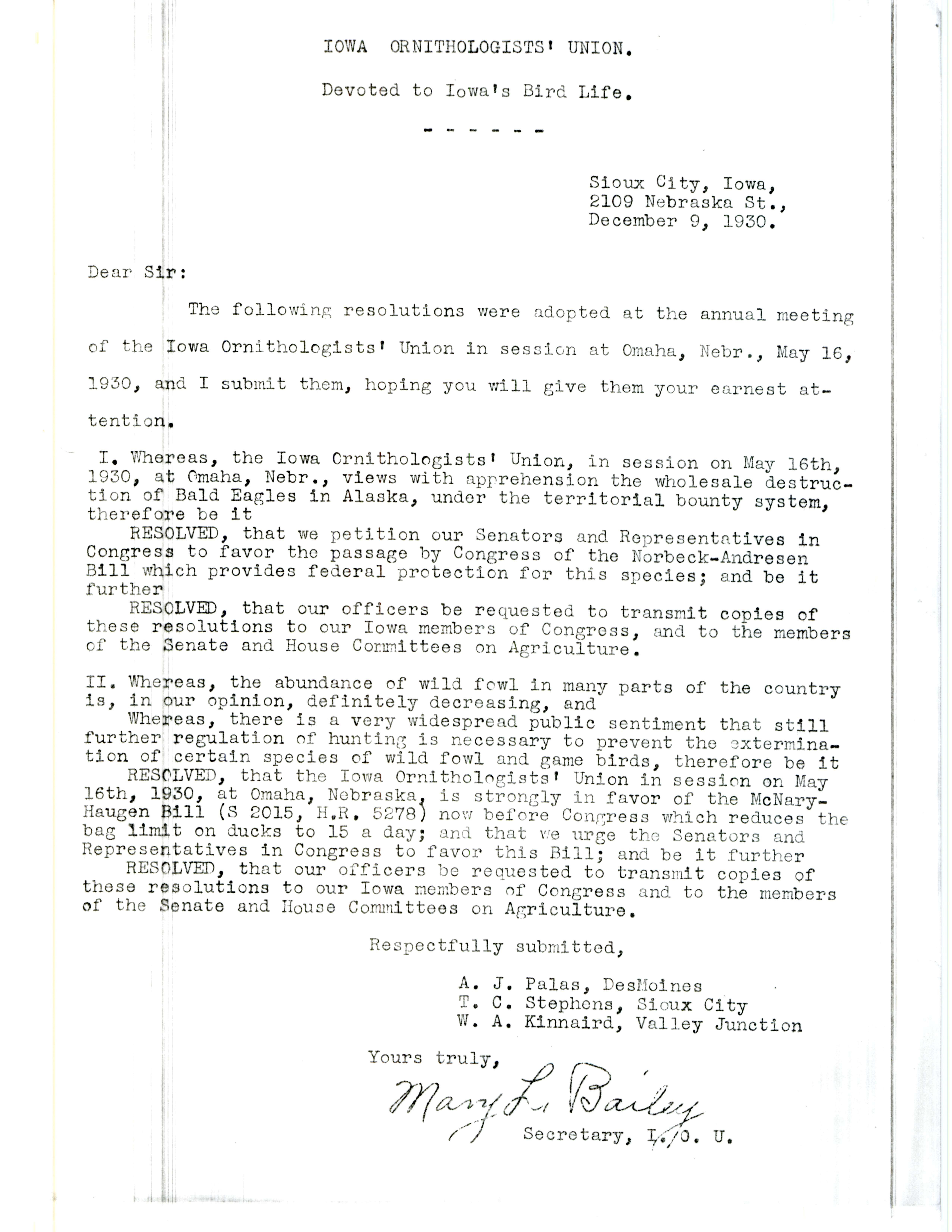 Letter to members of the Iowa Ornithologists' Union regarding resolutions adopted at the annual meeting, December 9, 1930